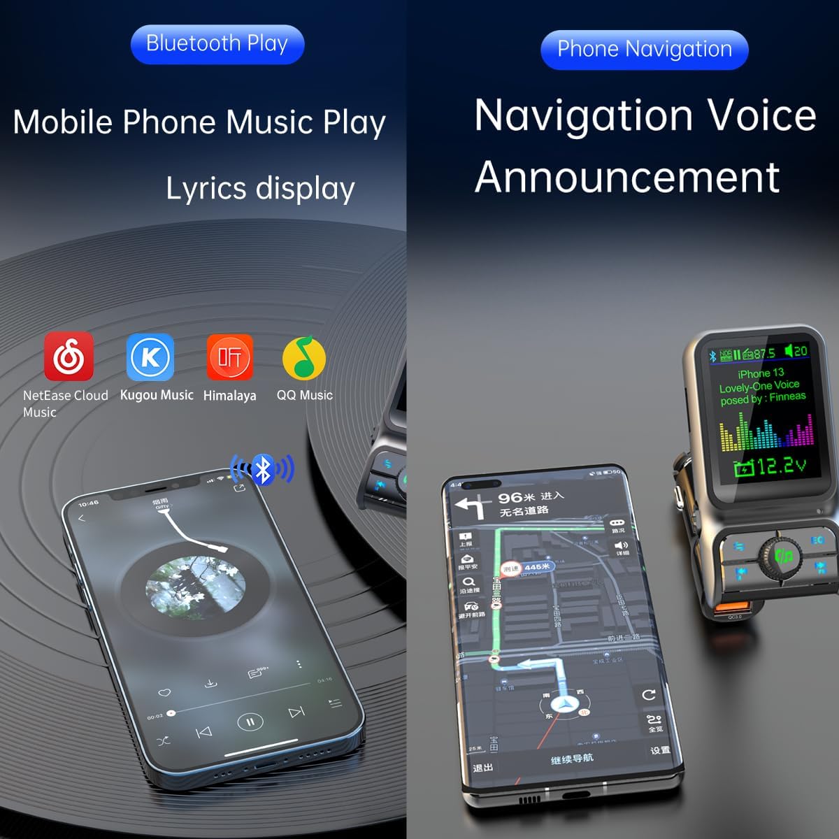 BC85LK Wireless Bluetooth Car Adapter with QC 3.0 PD 3.0 USB C Fast Charger, Bluetooth 5.0 Radio Transmitter, Hands-Free Phone Call Support