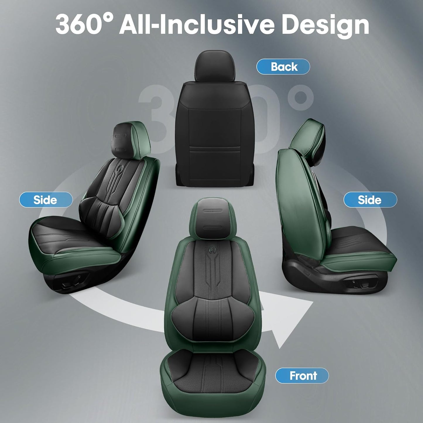 AOOG Car Seat Covers Full Set, Leather Seat Covers for Car, Waterproof Car Seat Protector with Lumbar Support, Automotive Seat Covers Universal Fit for Most Cars SUV Trucks (Full Set, Green&Black)