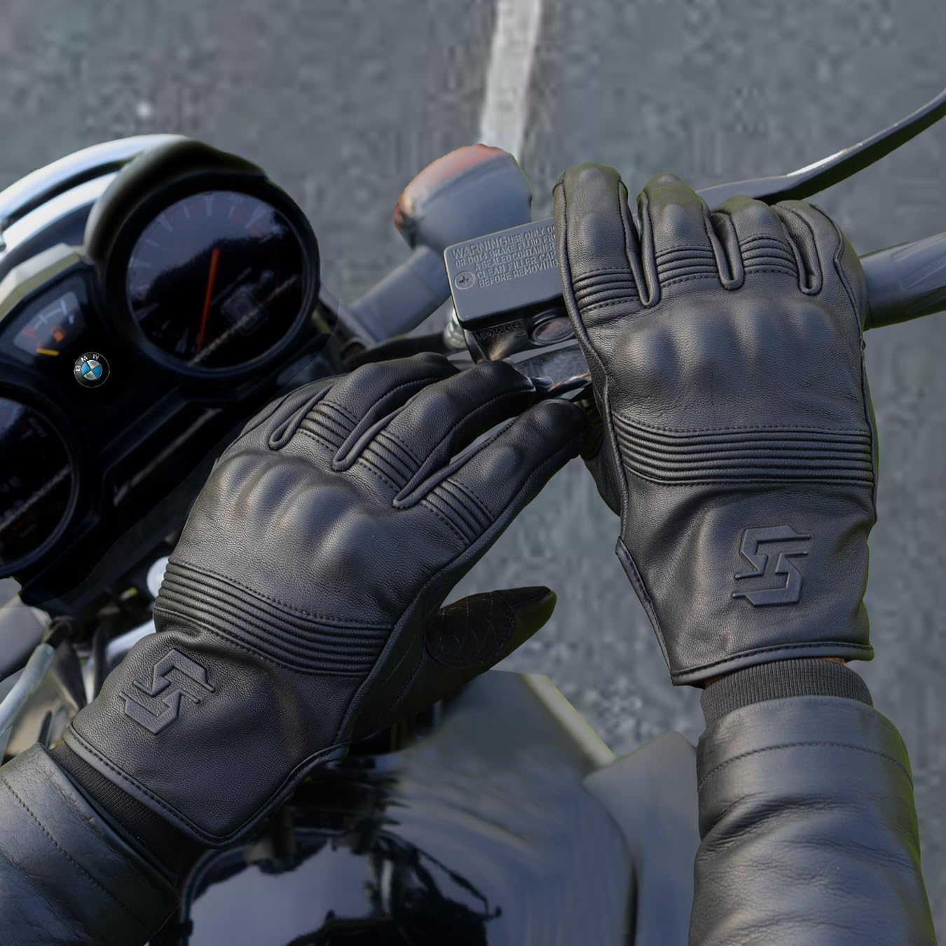 Leather Motorcycle Gloves for Men and Women | Touchscreen | Full Finger | Goatskin Leather Hard Knuckle Motorcycle Riding Gloves (Un-Perforated, Large)