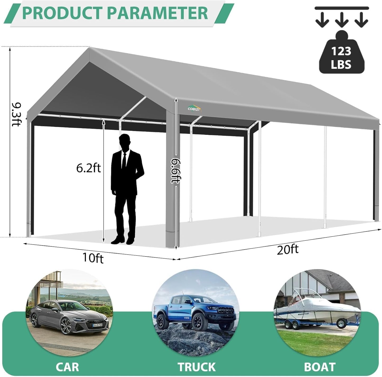 COBIZI Carport 10x20ft Heavy Duty Portable Garage, 2.0 Powder Coated Frame(Better Than Galvanized), Waterproof Shelter with Built-in Sandbags, for Car/Boat/SUV, Gray