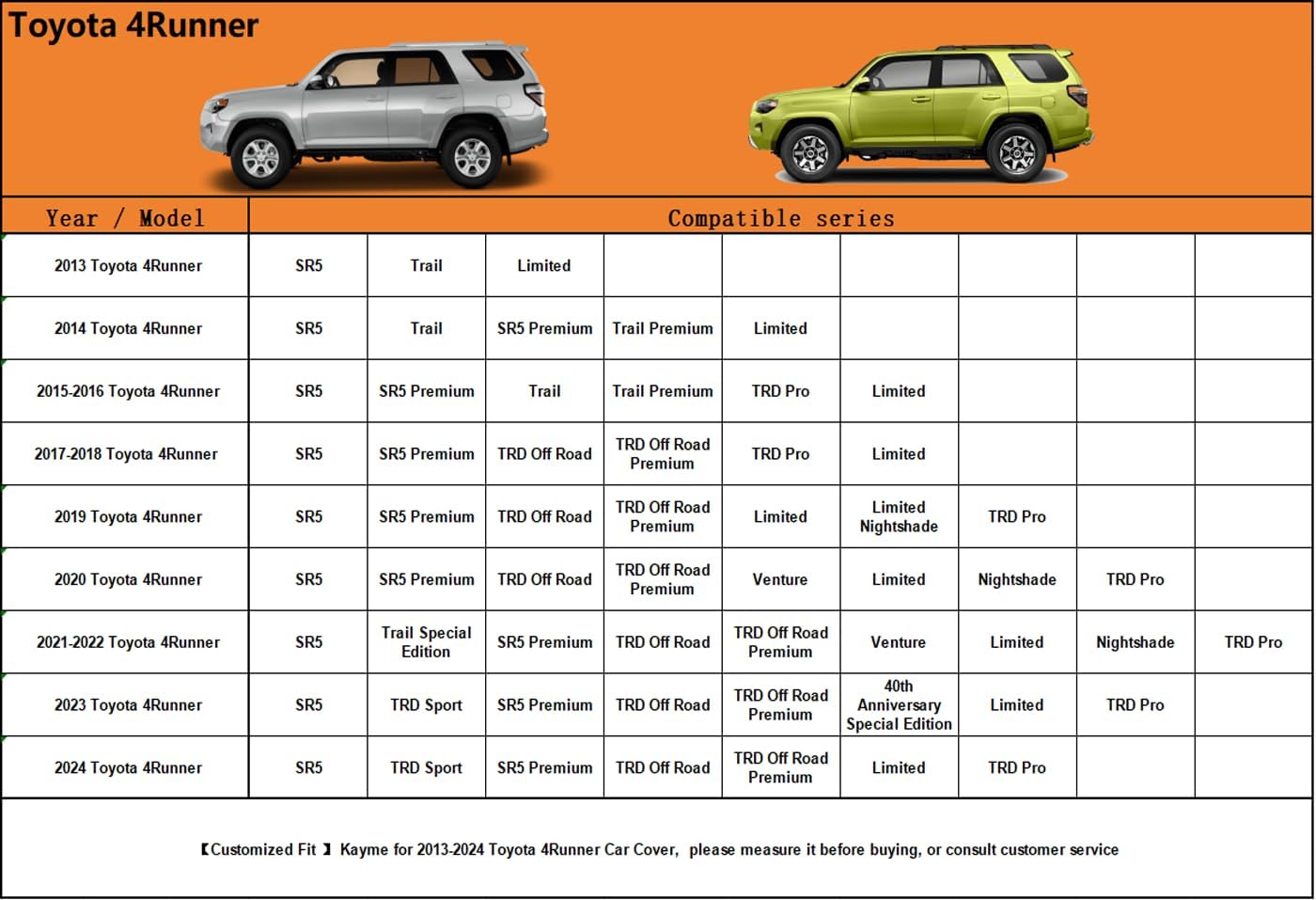 Kayme 6 Layers SUV Car Cover Custom Fit for Toyota 4Runner(2002-2025) Waterproof All Weather for Automobiles, Outdoor Full Cover Rain Sun UV Protection.Silver