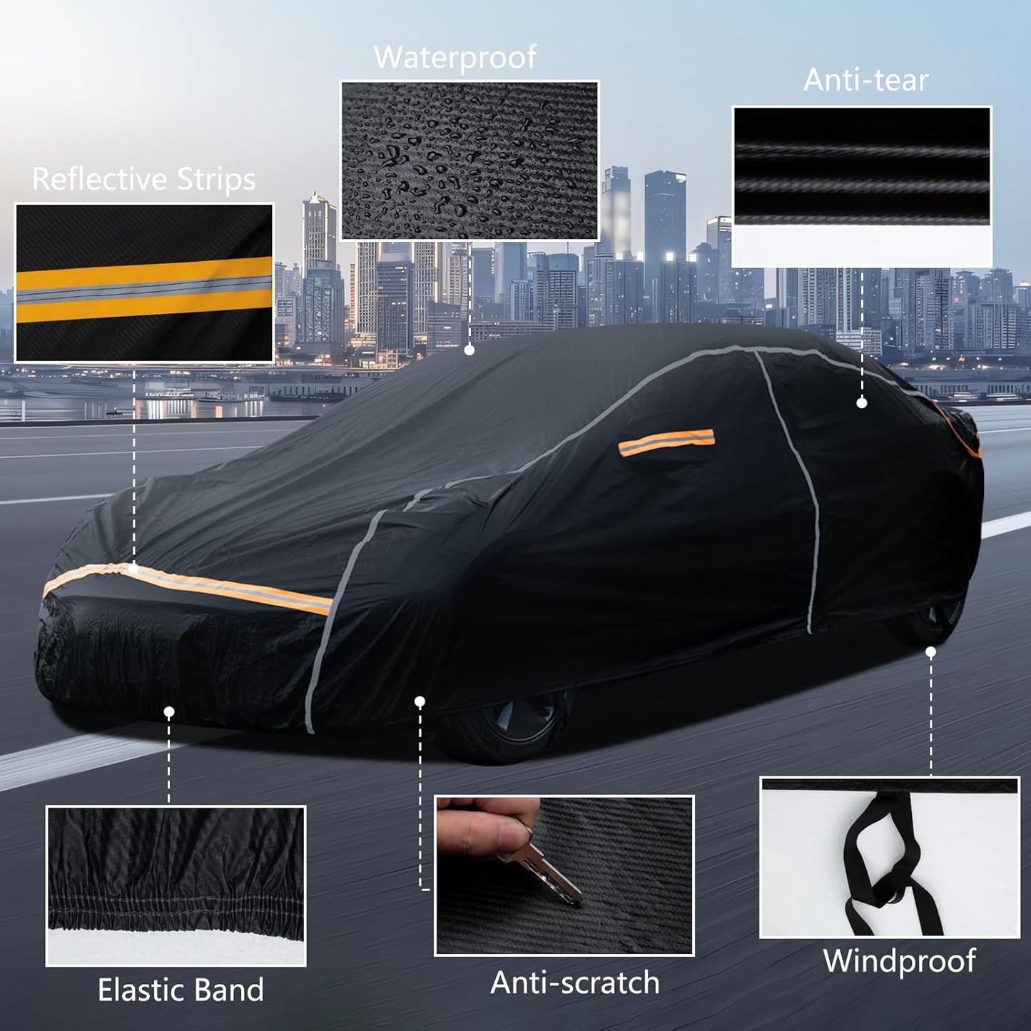 Car Cover Waterproof All Weather,6 Layers Car Covers for Automobiles, Full Exterior Cover with Zipper, Outdoor Car Cover Sun UV Rain Snow Wind Protection, Fit for 185"(185*70*59 inch)Sedan