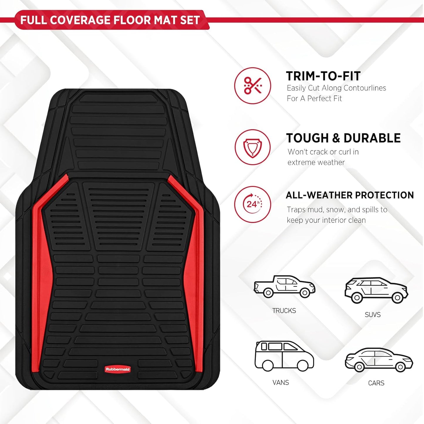 Rubbermaid Car Mat Full Set All-Weather Heavy-Duty 4 Pieces– Trim-to-Fit Universal Car Mats Full Set – Waterproof Rubber Floor Liners for Most Trucks, SUVs, Vans, and Sedans-Red