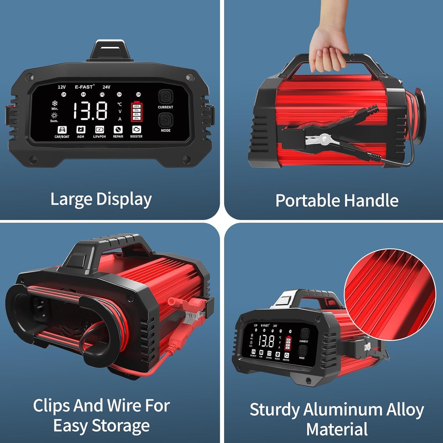 E-FAST 25A Battery Charger, 12/24V All in One Lifepo4 Lead Acid Car Battery Charger, Automotive Jump Starter, Upgraded Trickle Charger, Battery Maintainer for Car Truck Motorcycle Lawn Mower Boat