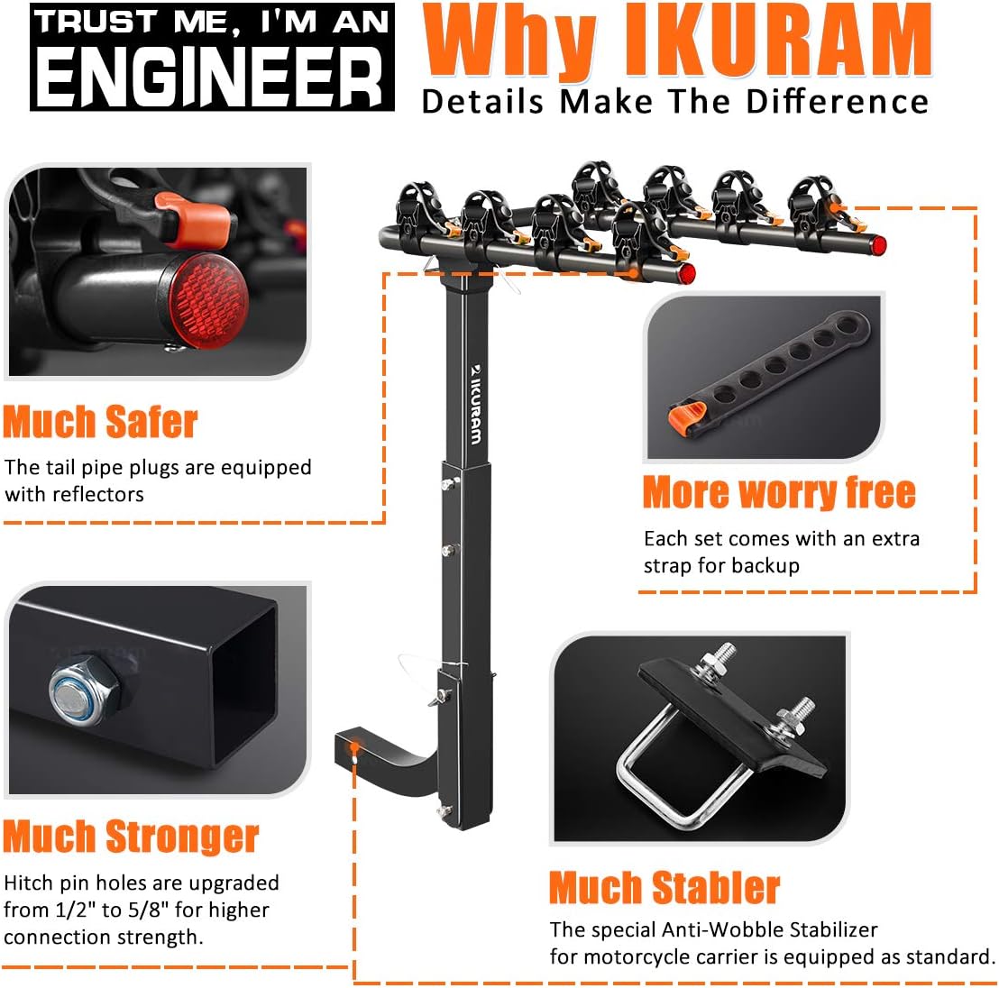 3 Bike Rack Bicycle Carrier Racks Hitch Mount Double Foldable Rack for Cars Truck SUV Fits 2" Receiver, Tie Down Strap, Anti-Rattle Hitch Tightener & Bicycle Cross-bar Adapter for Kid’s Bike