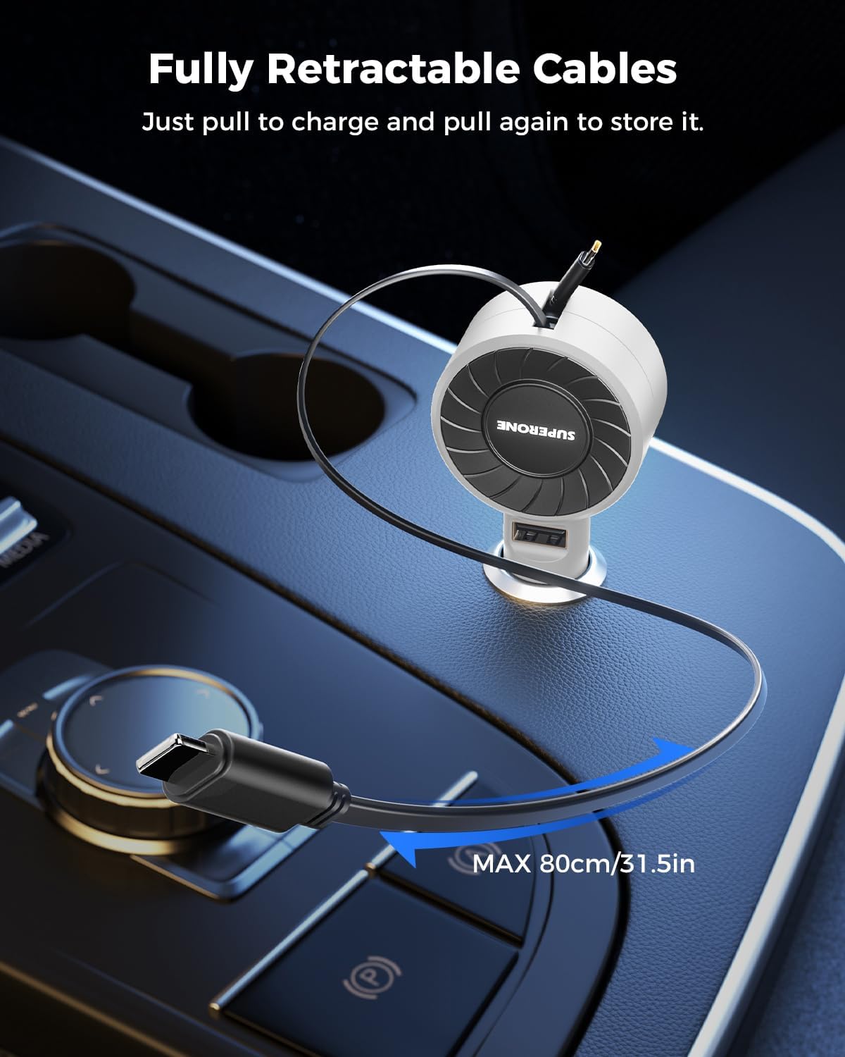 SUPERONE 3-in-1 Car Charger with Retractable Cords, USB C Charger Car Adapter Compatible with iPhone 16/15/14/13/12/11 Pro Max Samsung Android Phones