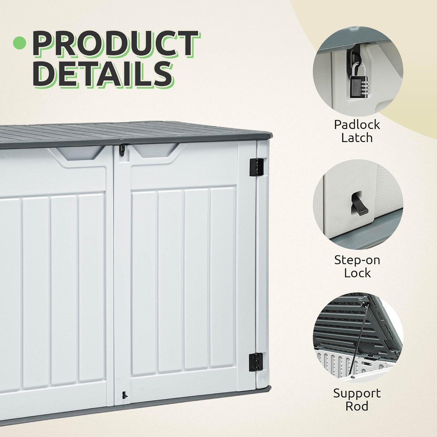 GOOBED 4.5x4ft Outdoor Horizontal Resin Storage Shed, 47 cuft Large Waterproof Tool Shed, No Shelf Included, Lockable, Easy Assembly (Light Gray)