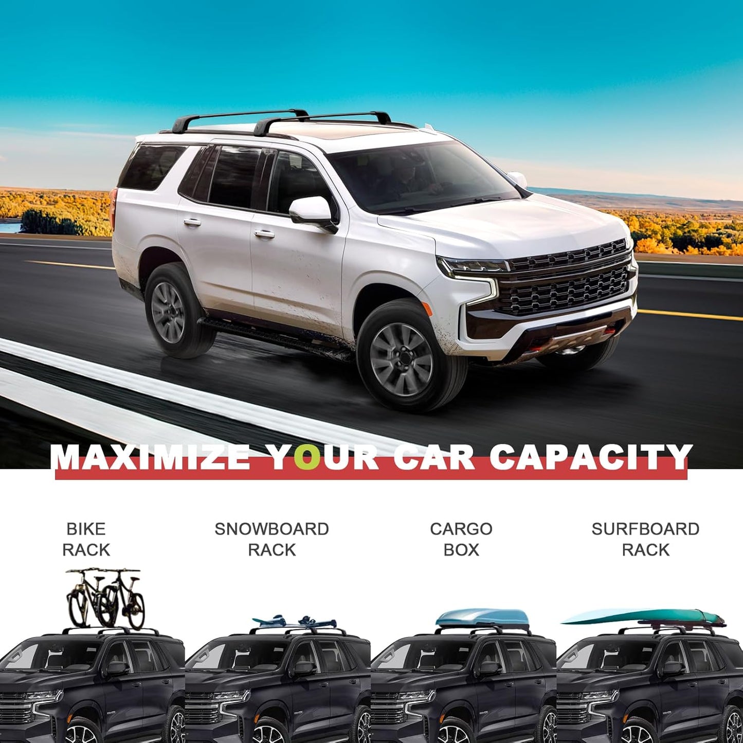 KINGGERI Lockable 330lbs Roof Rack Cross Bars Compatible with 2021 2022 2023 2024 2025 Chevy Tahoe & Chevrolet Suburban & GMC Yukon XL & Cadillac Escalade ESV, Heavy Duty Rooftop Aluminum Crossbar