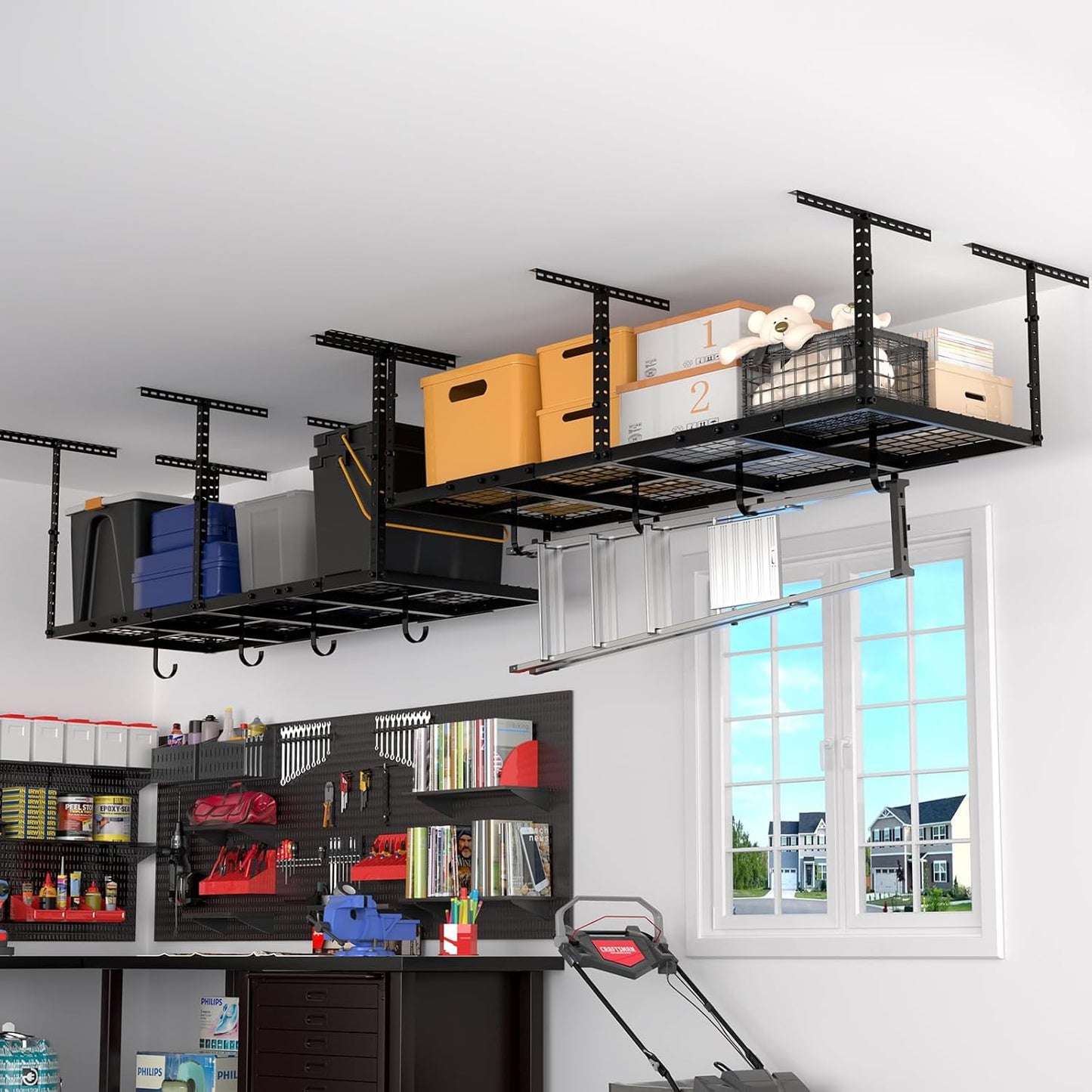 Heavy-Duty 3x8 Overhead Garage Storage Rack with Adjustable Ceiling Shelving with 600lbs Weight Capacity,22 lbs per Hook, Steel Hanging Organizer for Tools, Bins & Bikes Black