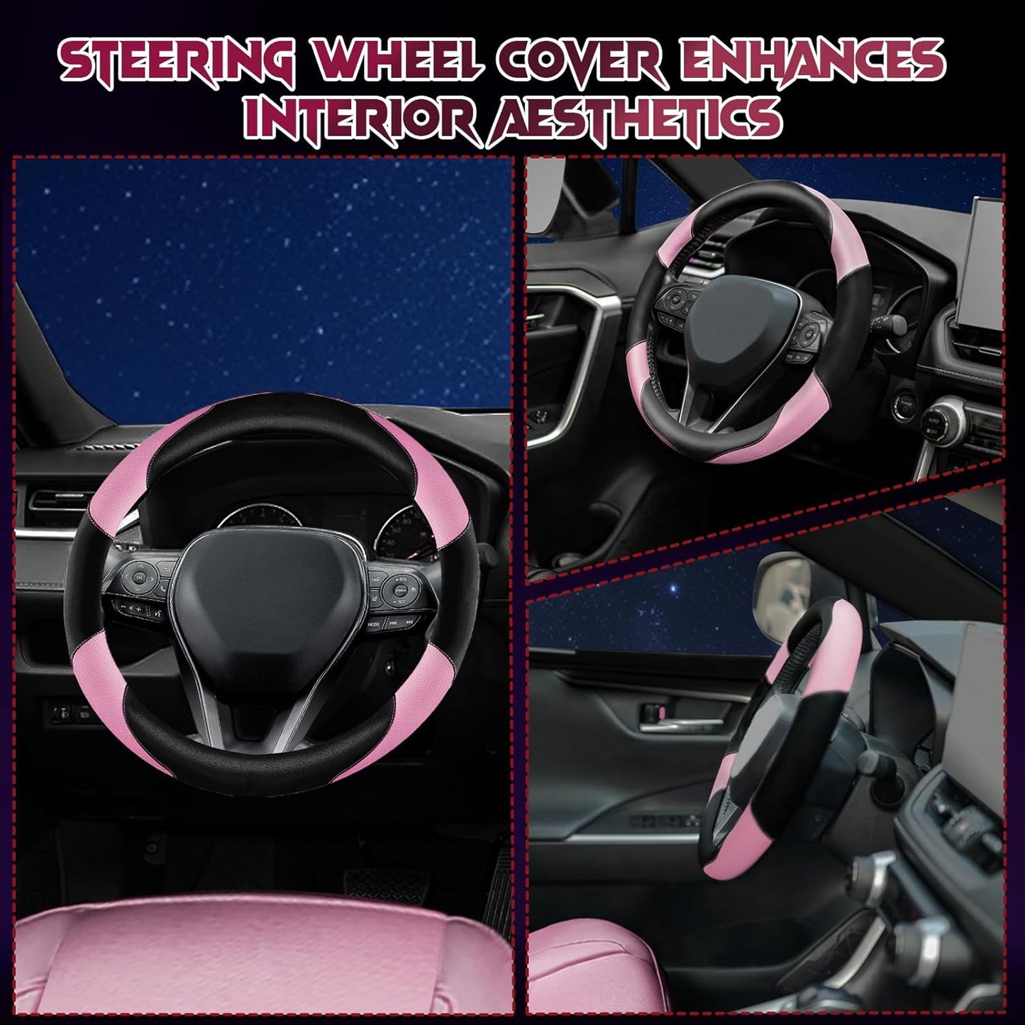 Soft Leather Steering Wheel Cover with Breathable Design and Anti-Slip Grip, Fully Compatible with Tesla, Toyota, Honda, Nissan 14.2-14.96 inch Round Steering Wheel(Sedans and SUVs)