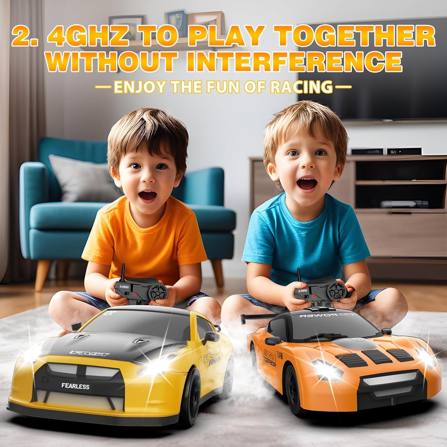 RC Drift Car 1/24 2.4GHz 4WD Remote Control Car, High Speed Drifting RC Cars with LED Lights, Rechargeable Batteries and Drift Tires Racing Toy Cars for Kids (Yellow)