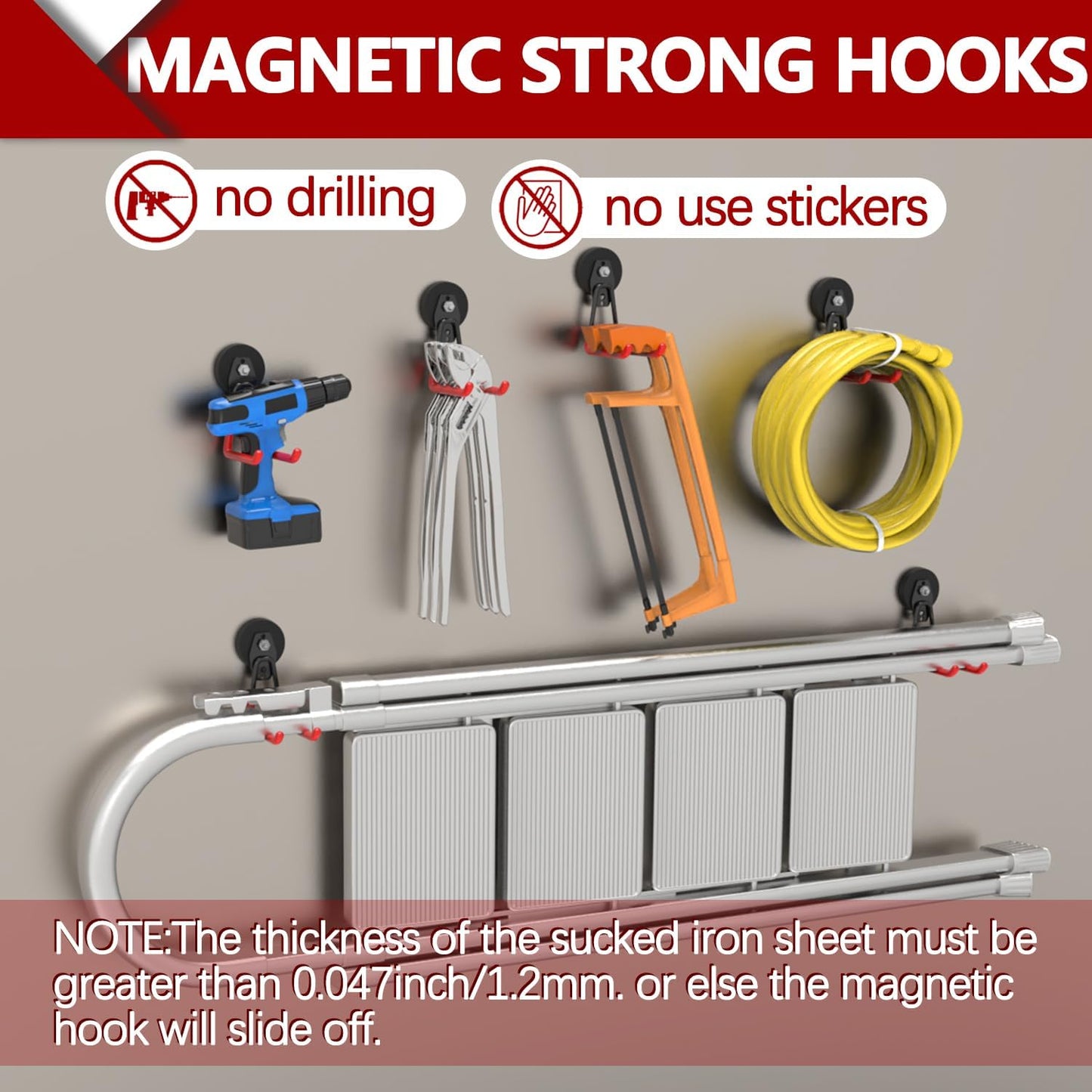 3-H Heavy Duty Magnet Garage Hooks 4 Pack, Extra Large Strong Magnetic Hooks for Hanging Cordless Power Drill, Utility Magnetic Tool Holder for Metal Cabinet, Steel Pegboard, Toolbox, Garage(Red)