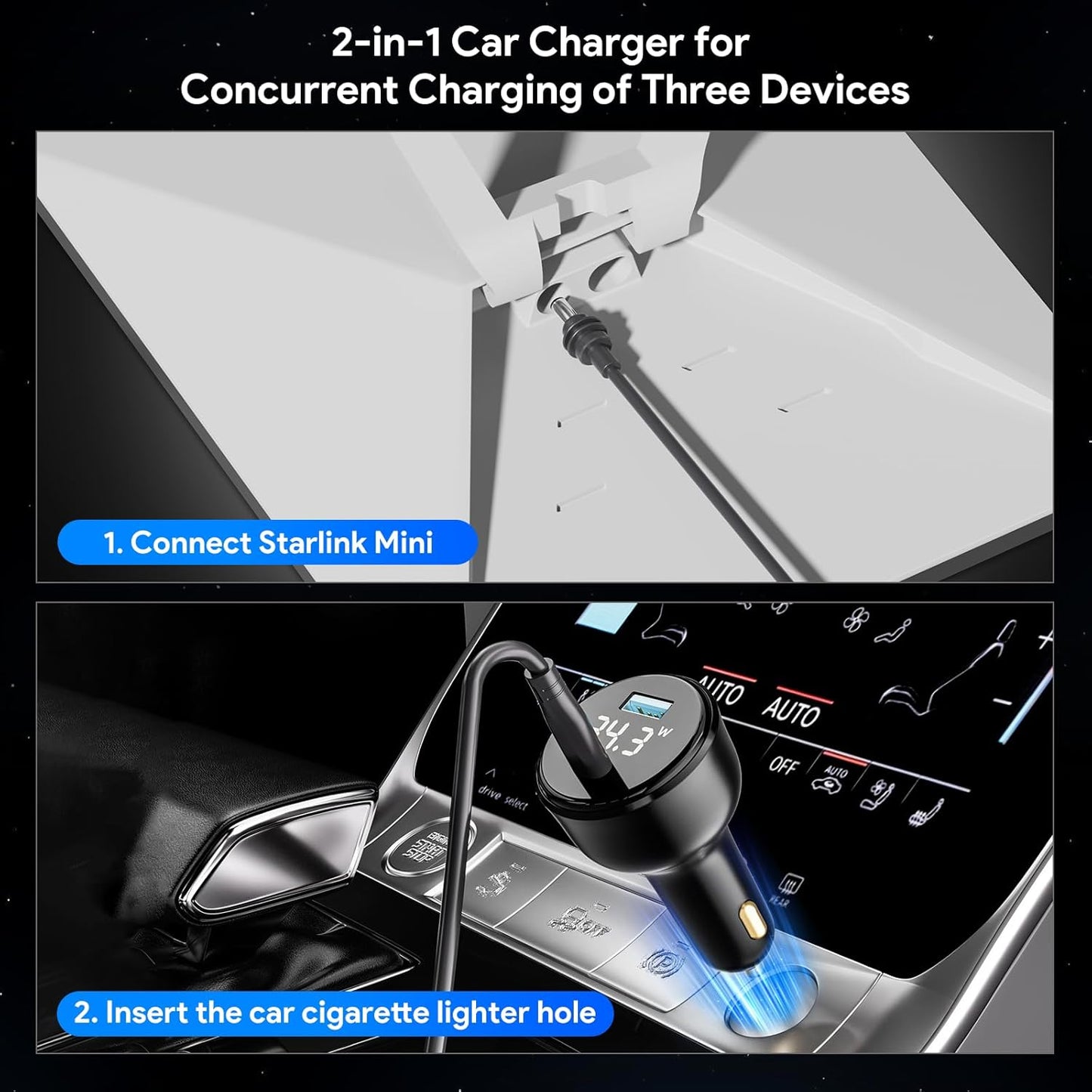 EDUP Starlink Mini Car Adapter DC Power Cable & Starlink Cigarette Lighter Adapter with Digital Display, Waterproof Car Charging Cable,USB A 35W & USB C 65W Ports for Star Link Mini (3M/ 9.8FT)