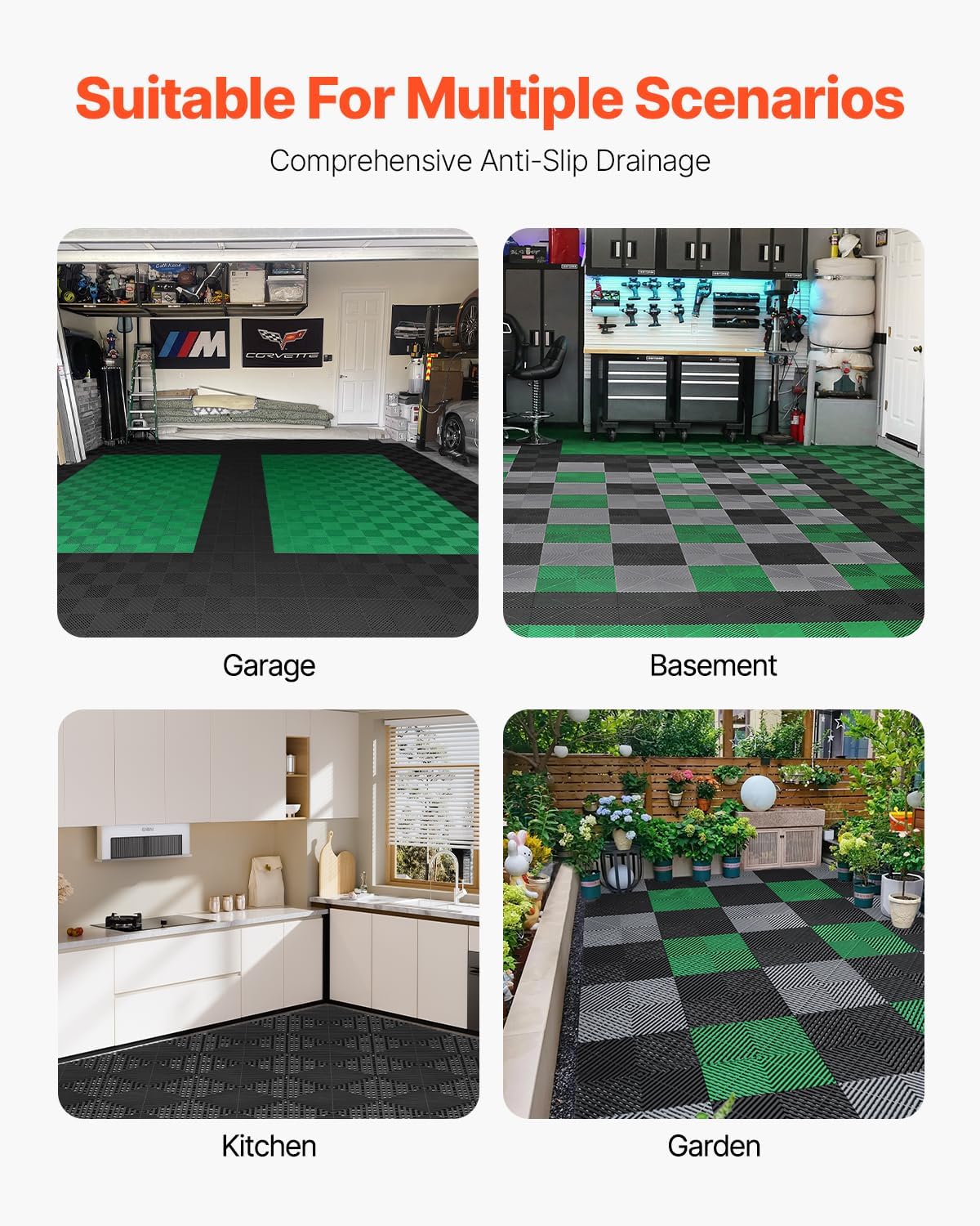 VEVOR Interlocking Drainage Mat, 12” x 12” Modular Interlocking Cushion, 24 Pcs Splicing Drainage Mats, Non-Slip Black PP Drainage Floor Tile and Shower Mat, for Garage, Garden, Kitchen & Outdoor