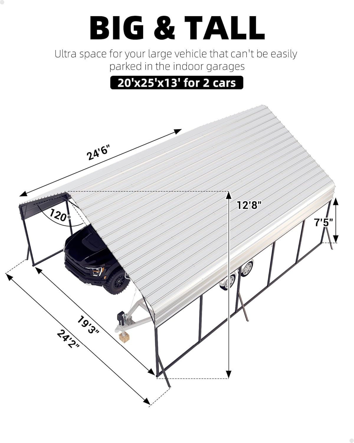 20'x25'x13' Metal Carport for 2 Cars, Extra Tall Car Port, Reinforced Frame and Roof for All-Weather, for Bass Boats, Full-Sized Pickup Trucks, and Tractors, N.W. 980 Lbs