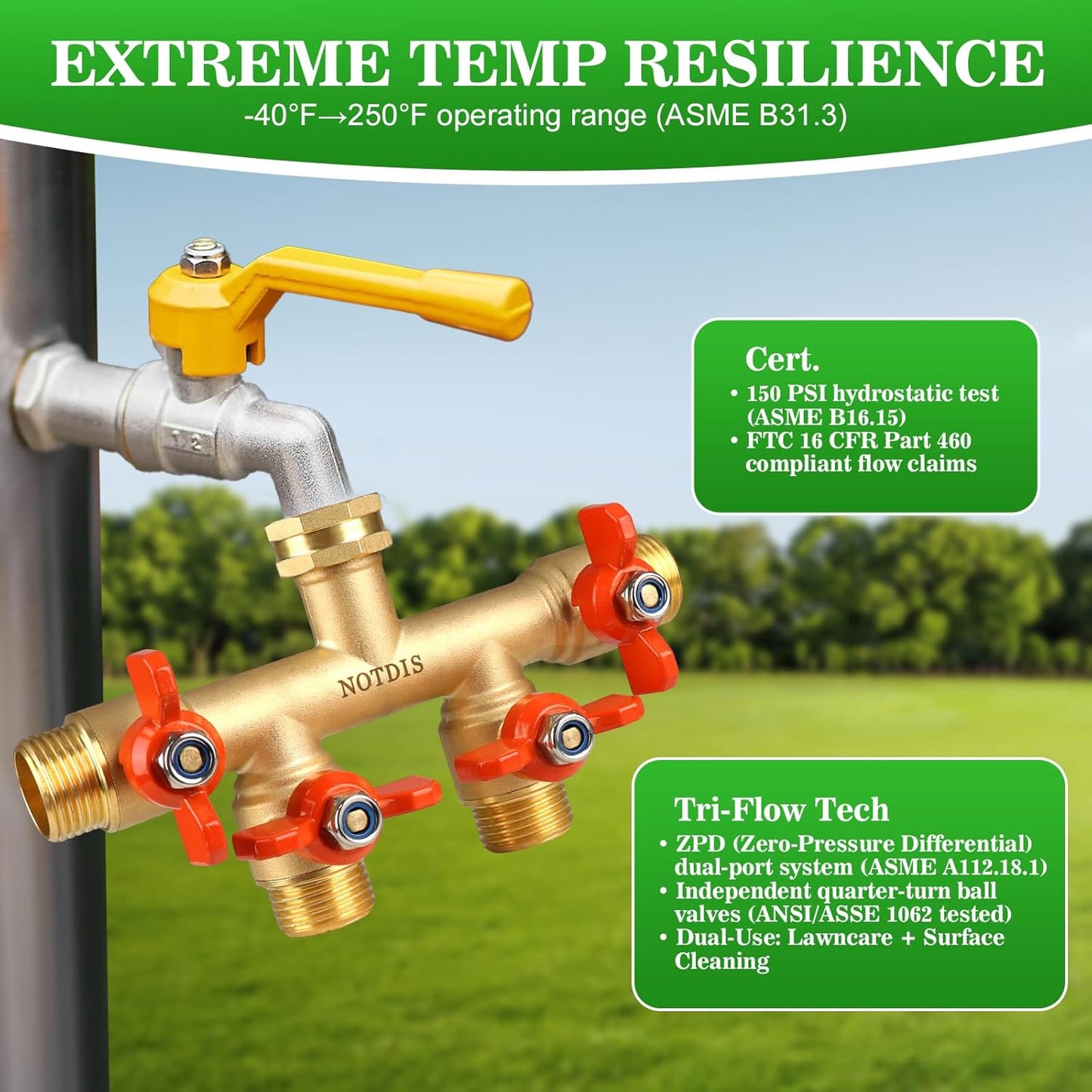 4 Way Brass Hose Splitter Full Flow with Metal Handle - Heavy Duty Spigot Splitter with Shut Off Valve, 3/4"" GHT Garden Tap Connector