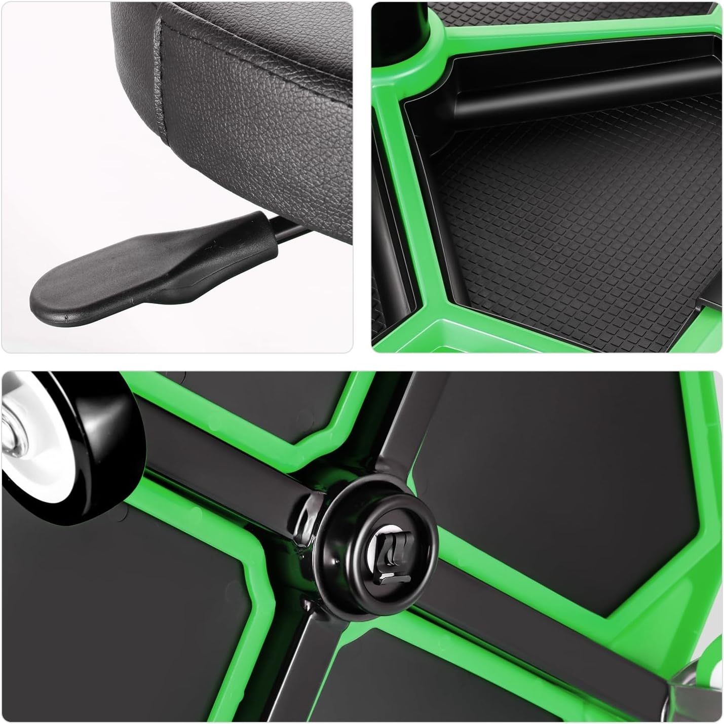 PM PERFORMOTOR Adjustable Height Pneumatic Garage Seat Rolling Mechanic Stool with Tool Tray Storage,300lbs Max Weight Capacity, Green,PM-TOL-ATS-GR