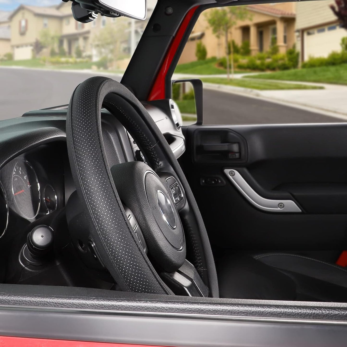 SEG Direct Car Steering Wheel Cover for F-150 Tundra Range Rover Large Size 15.5-16 inch (39.5-41cm) Black Breathable Microfiber Leather