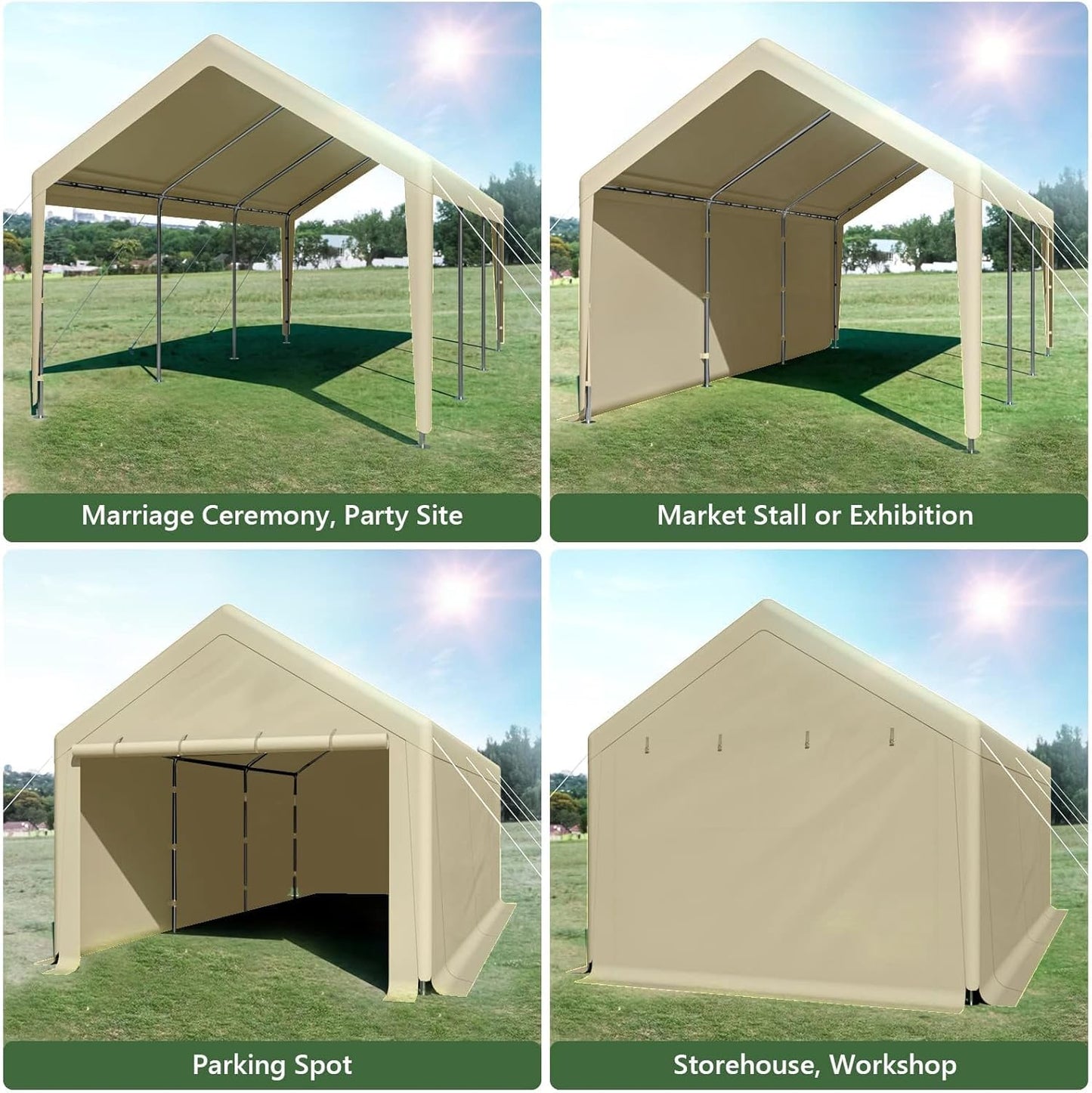 10x20 ft Heavy Duty Carport with Removable Sidewalls,All Weather Carport Garage Party Tent Large Outdoor Canopy Storage Shed for Auto,Truck,Boat,Party (Beige)