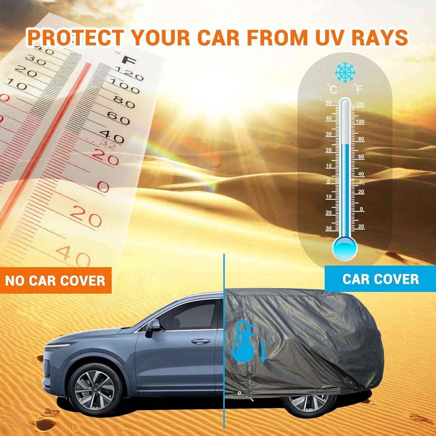 Tecoom Car Cover Waterproof All Weather, Thick Fleece Lining Car Covers for Automobiles with Lock/Zipper Door, Outdoor UV Sun Snow Windproof Hail Protector Car Cover SUV (170-190 Inch)