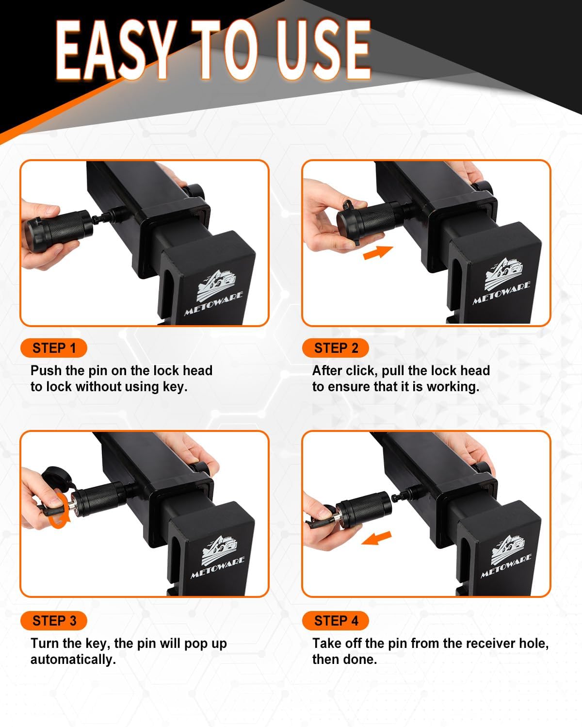 METOWARE Trailer Hitch Lock Hitch Receiver Lock Fits Class III IV and 2" 2-1/2" Receiver with 5/8" Dia 3-1/2” Long Pin and 8 Anti-Rattle Rubber O-Rings, for Trailer Truck Car Boat (1 Pack)