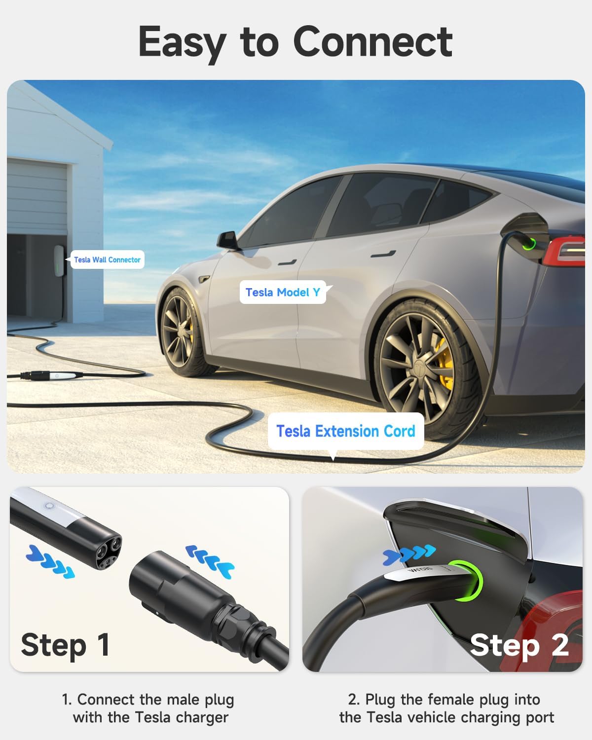 EV Charger Extension Cable for Tesla Charger (40Amp 21ft 240V 9.6kW), EV Extension Cord for Level 1 Level 2 Tesla Home Mobile Charger/Wall Connector, NACS Extension Cord for Tesla Y/X/3/S/Cyber-truck