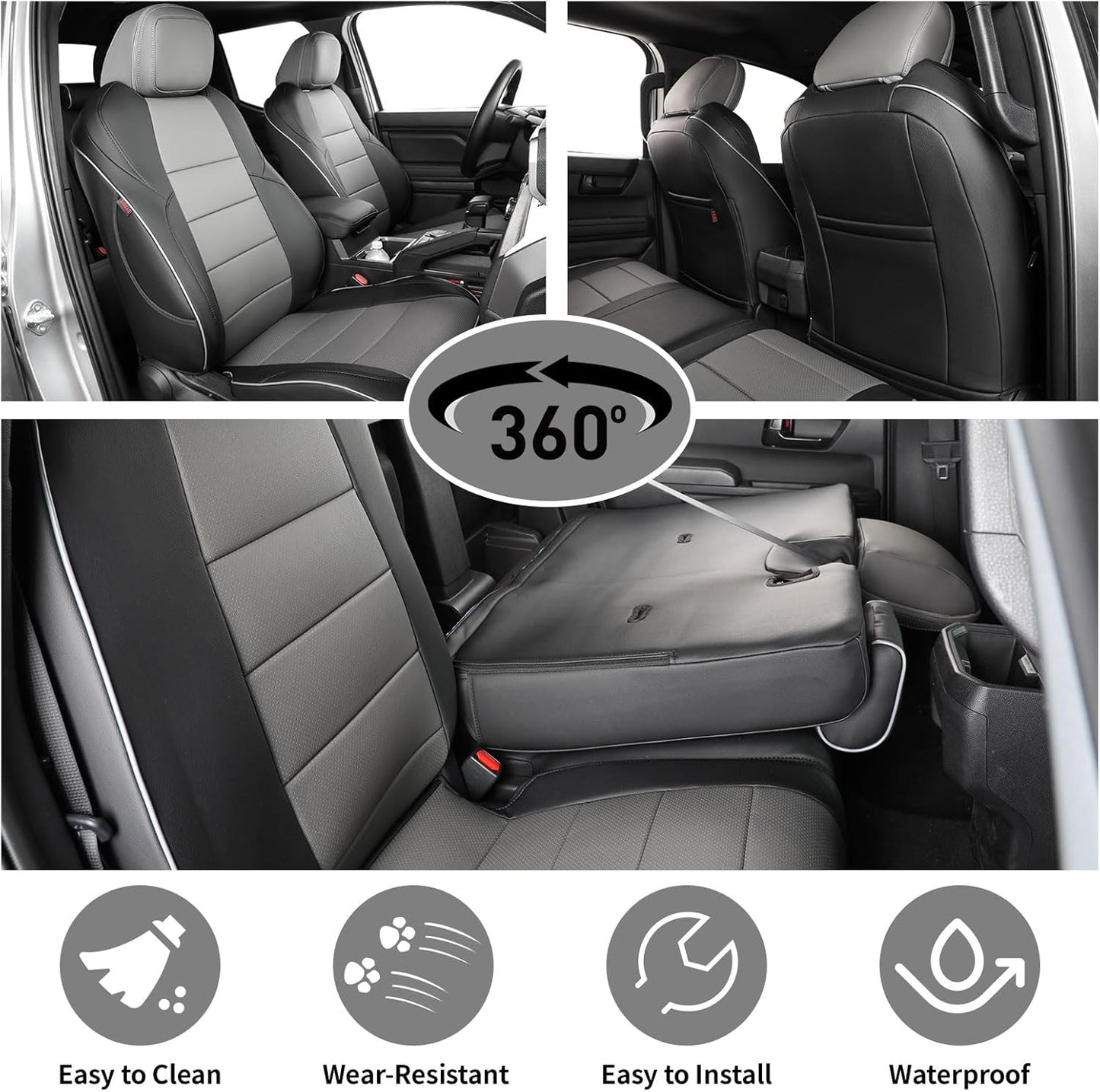 EKR Custom Fit Tacoma Car Seat Covers for Select Toyota Tacoma (Petrol) 2024 2025 Double cab SR,SR5,TRD Sport,TRD Off-Road,Limited -Full Set,Leather(Black/Gray)
