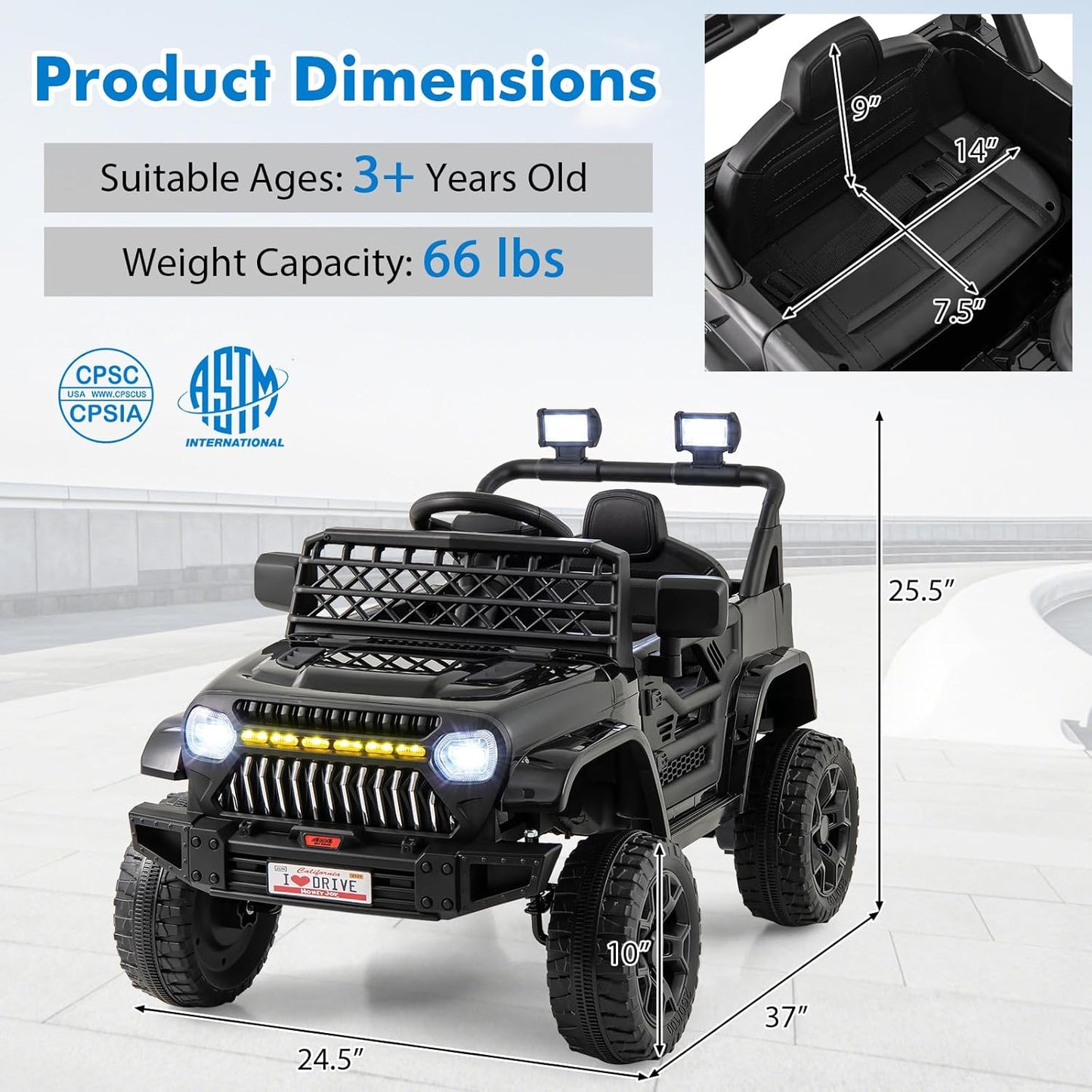 Costzon Kids Ride On Truck, 12V Battery Powered Electric Vehicles w/Remote Control, Spring Suspensions, 3 Speeds, Music, Lights, Wireless Connection, Ride on Car for Boys & Girls 3+ (Black)