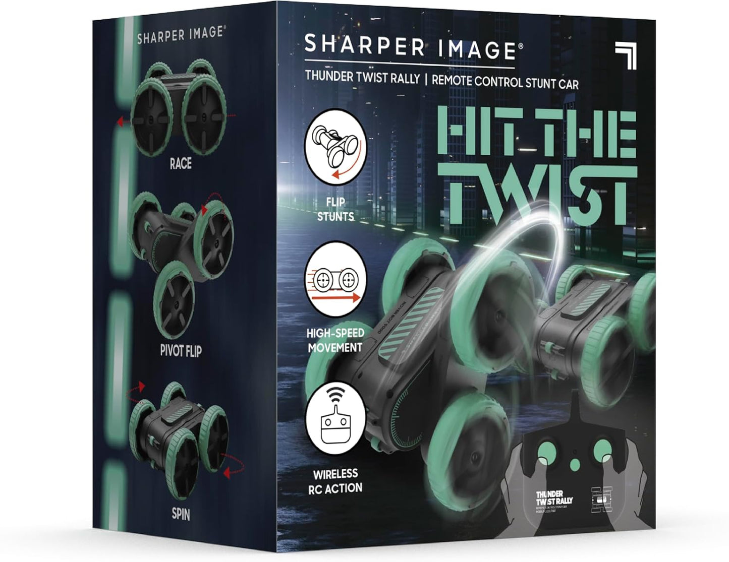 Sharper Image® Thunder Twist Rally - RC Stunt Car with Rechargeable Battery, High-Speed 360° Stunts, Double-Sided Driving, 2.4 GHz Remote Control, LED Lights, Flips & Spins Rotating Car Kids Toy Gift