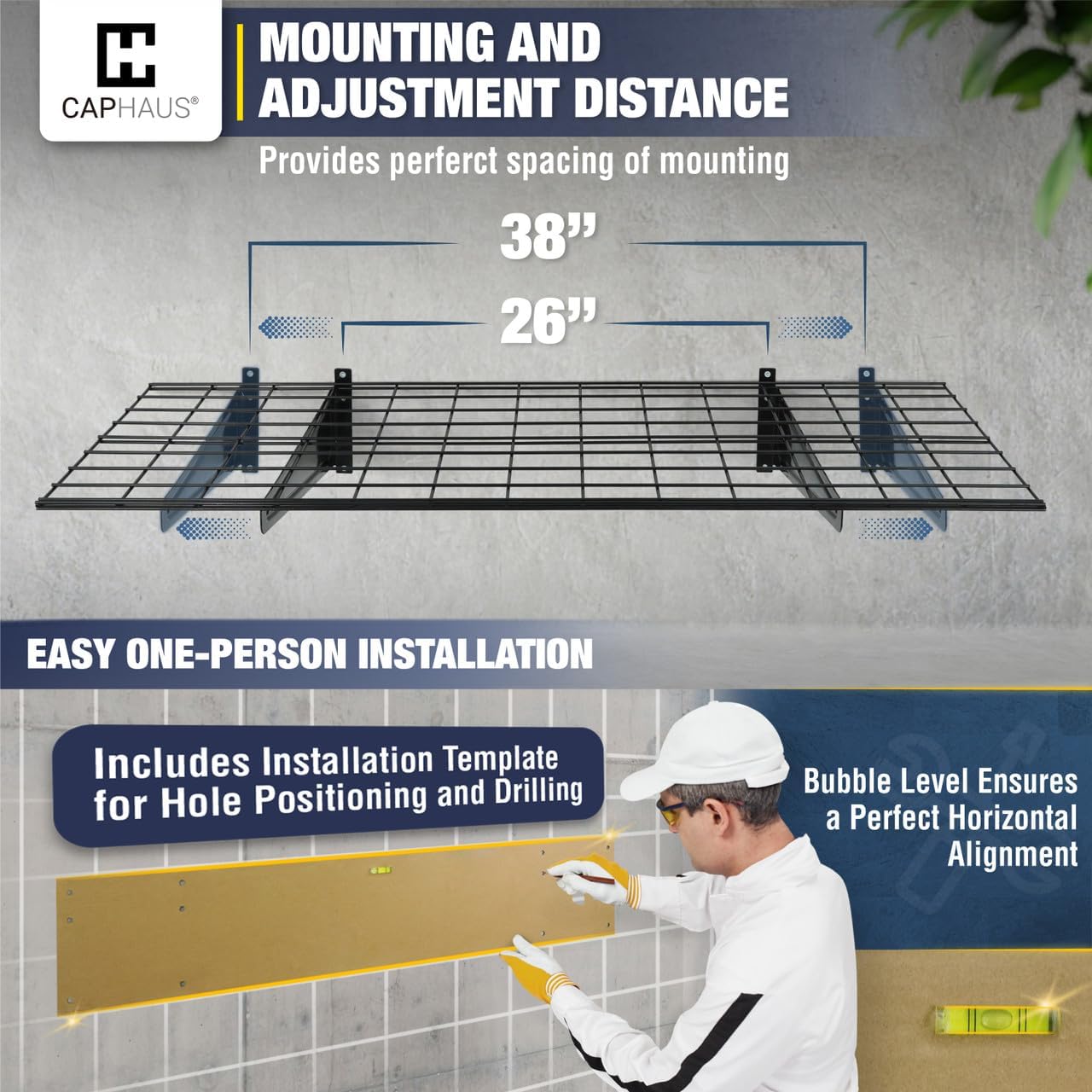 Fencer Wire 96 in. W x 18 in. D Wall Mounted Garage Wall Shelving w/ 4 Hooks, Black Wall Shelf, Heavy Duty Garage Wall Storage System, Garage Organizer Floating Shelves, 1000lb Weight Capacity