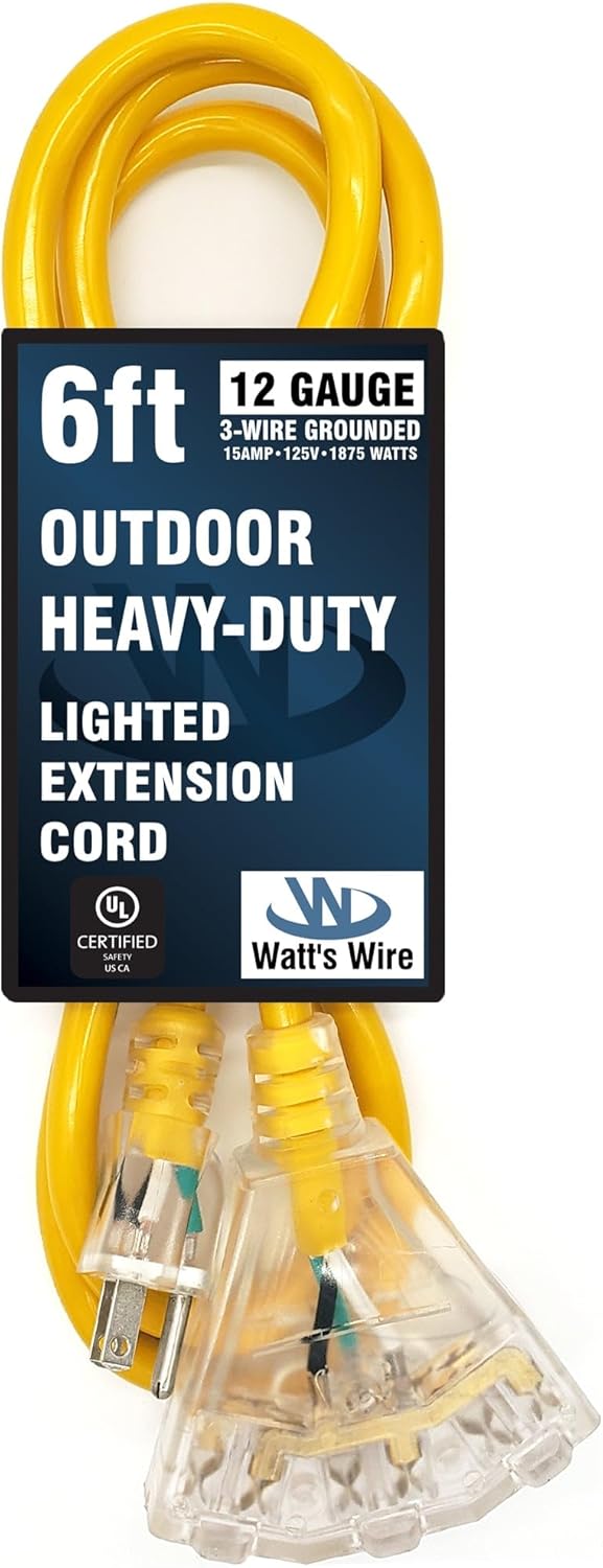 6 ft - 12 Gauge Heavy Duty Extension Cord - 3 Outlet Lighted SJTW - Indoor/Outdoor Extension_Cord by Watt's Wire - 6' 12-Gauge Grounded 15 Amp ExtensionCord Splitter