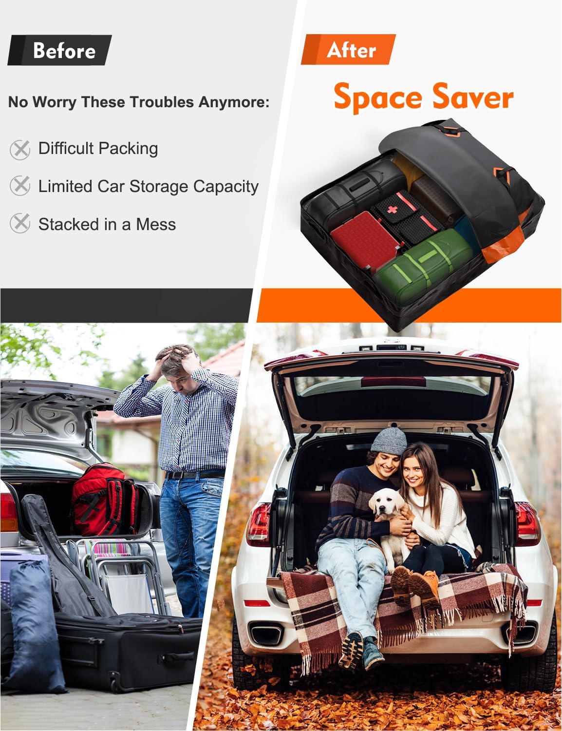 FIVKLEMNZ 30 Cubic Car Rooftop Cargo Carrier Roof Bag Waterproof for All Top of Vehicle with/Without Rack Includes Topper Anti-Slip Mat + Reinforced Straps + 6 Door Hooks + Luggage Lock