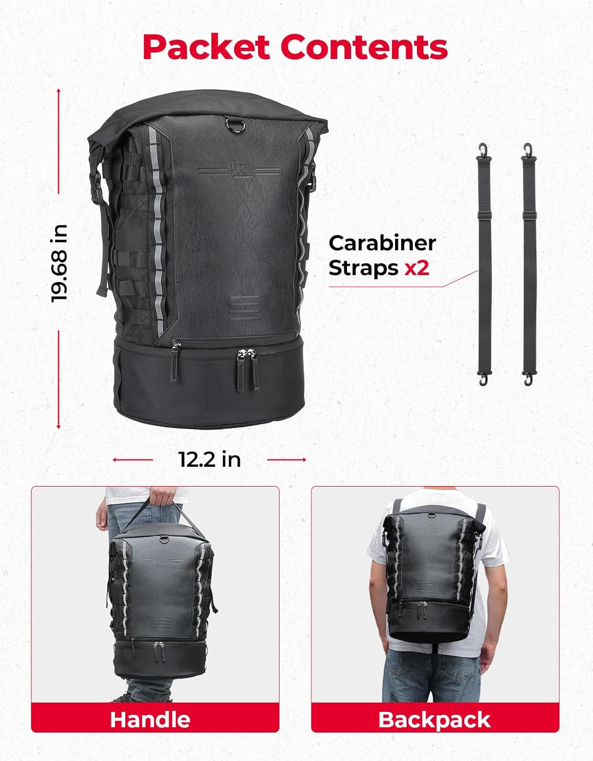 KEMIMOTO Motorcycle Sissy Bar Backrest Bag Upgraded Version, 37L Expandable Capacity PU Leather Motorcycle Tail Bag with Rain Cover, Luggage Backpack with Helmet Net & Shoulder Strap, Black