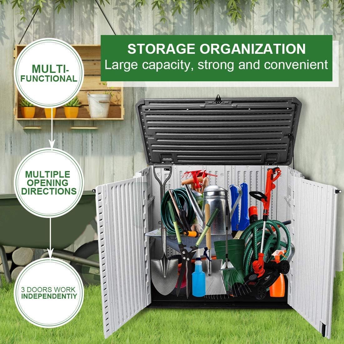 Horizontal Outdoor Garden Storage Shed for Backyards and Patios, Plastic Storage Box Waterproof, Small Shed 26 Cubic Feet Capacity for Bike, Garbage Cans, Lawn Mower, Tools and Garden Accessories