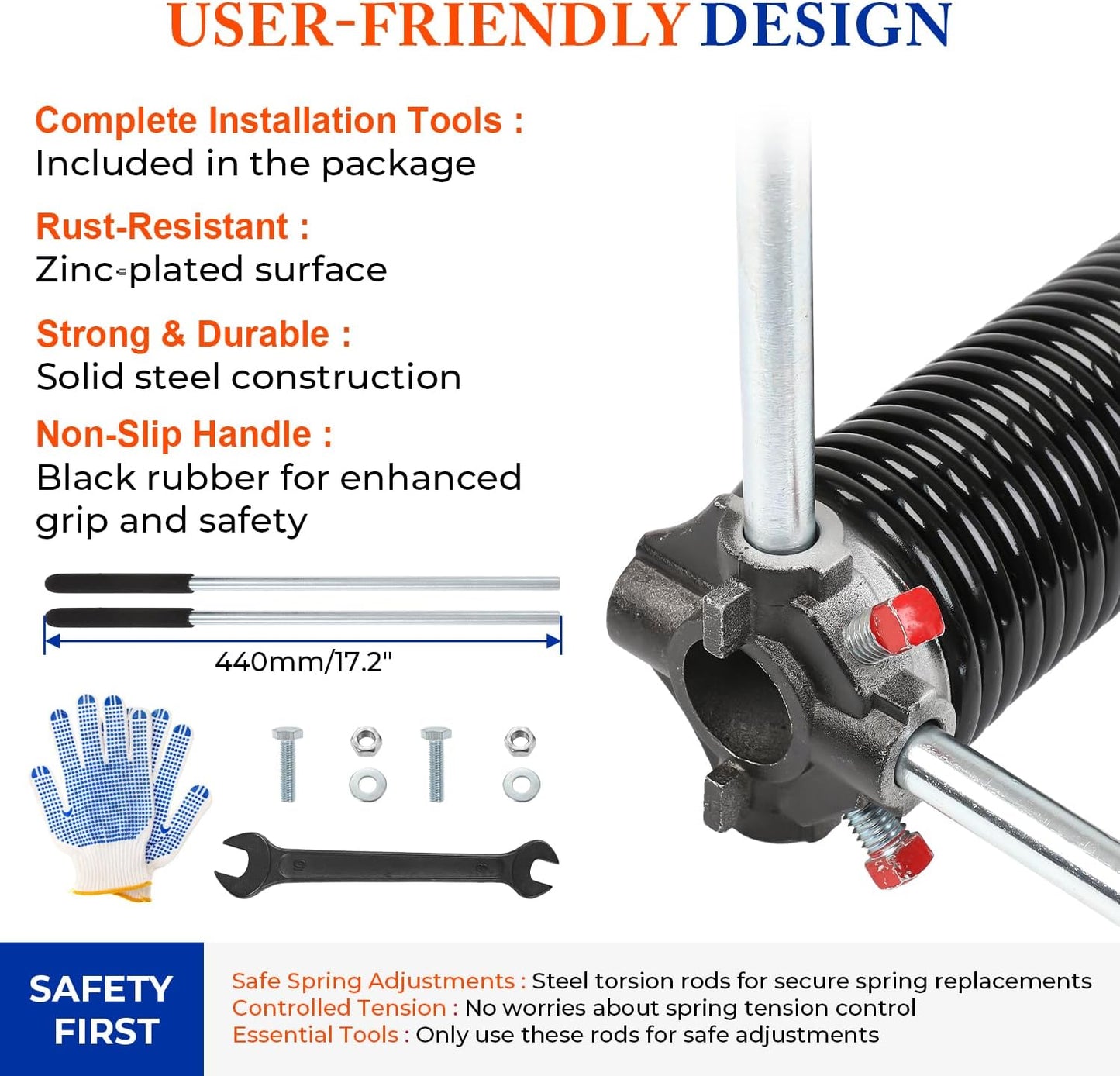 Pair of 2" Garage Door Torsion Springs (0.250'' X 2‘’ X 32‘’) with Non-Slip Winding Bars & Gloves, Heavy-Duty Replacement, 18,000 Cycles, High Precision Electrophoresis Black Coated