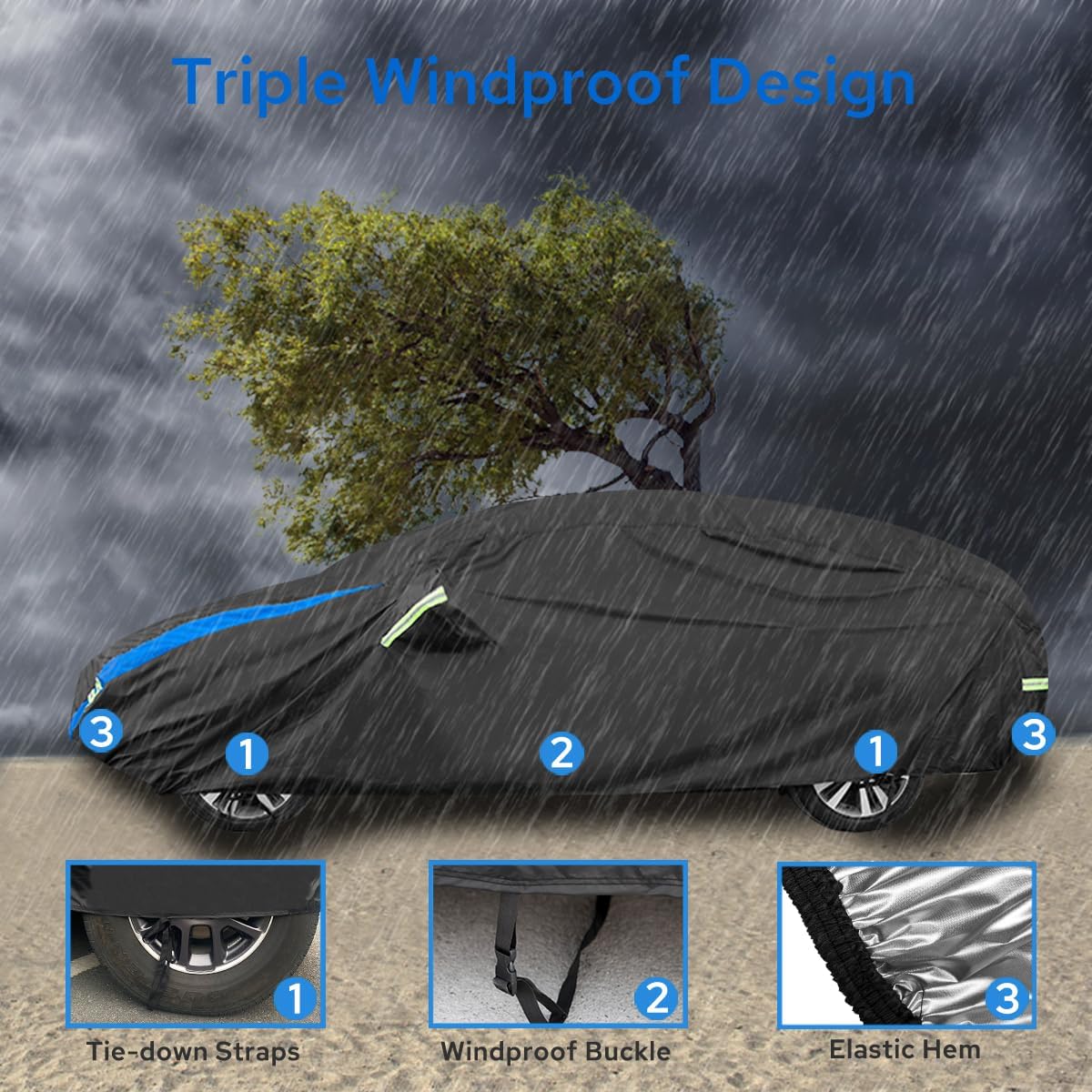 Avecrew Car Cover for Tesla Model 3 2017-2024, Custom Fit Full Exterior Cover with Charging Port and Breathable Ventilation Mesh, Waterproof All Weather Outdoor Rain Snow Sun Protection Cover