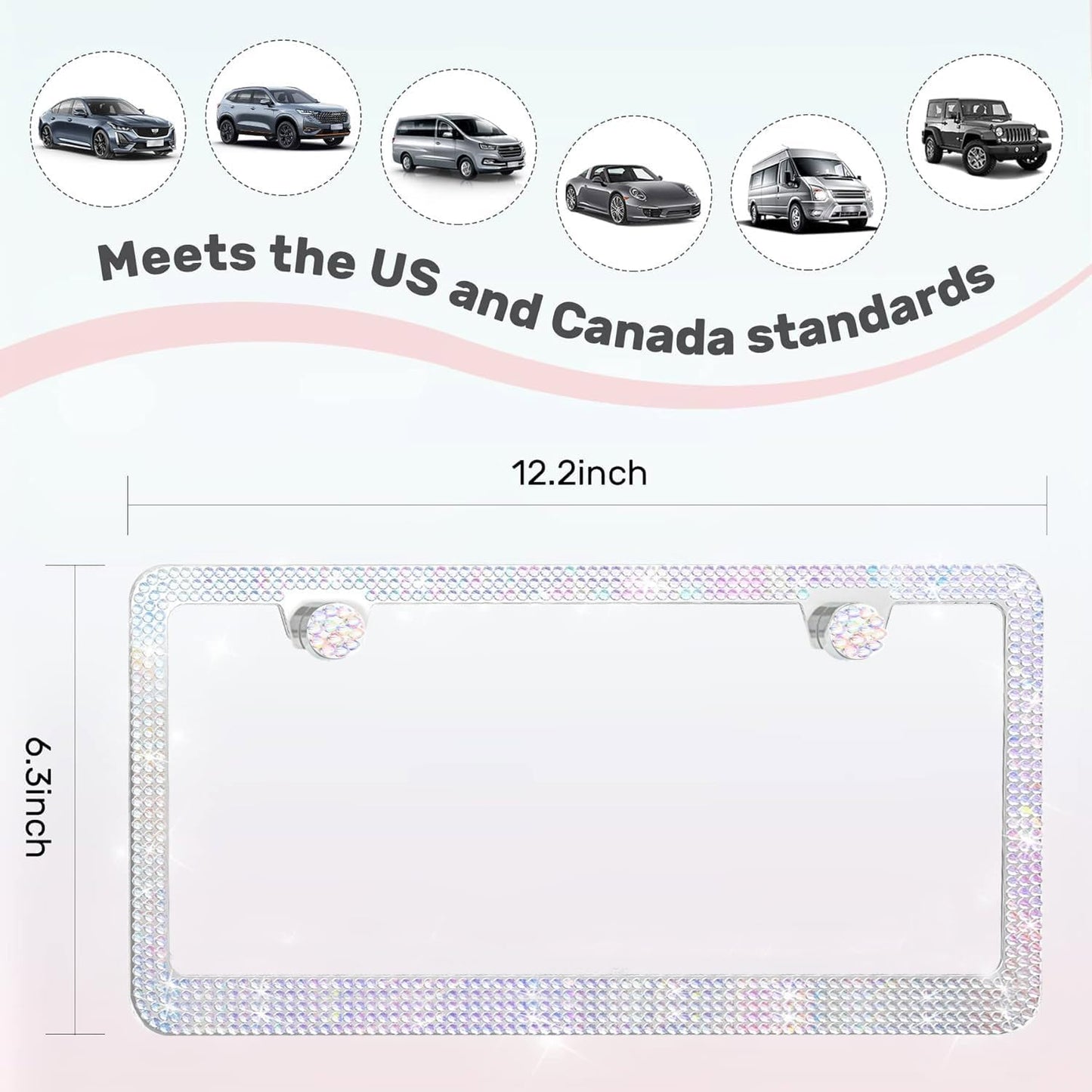 2 Pack License Plate Frames for Women, Sparkly Rhinestone Diamond Car Accessories with Glitter Crystal Caps (Colorful (2PCS))