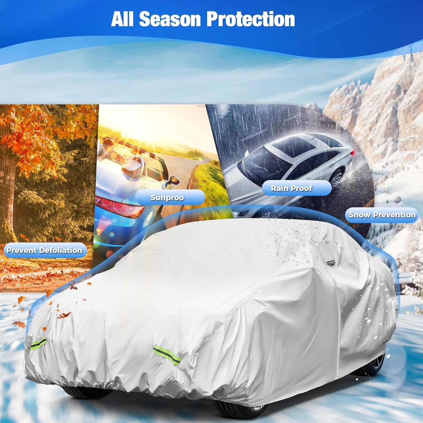 YOLENY Car Cover Waterproof All Weather Full Exterior Covers with Zipper,Universal Fit Sedan Dodge Challenger,Chevrolet Impala,Toyota Avalon,Cadillac Deville/Seville, Lexus ES etc.(UP to 201 inch)