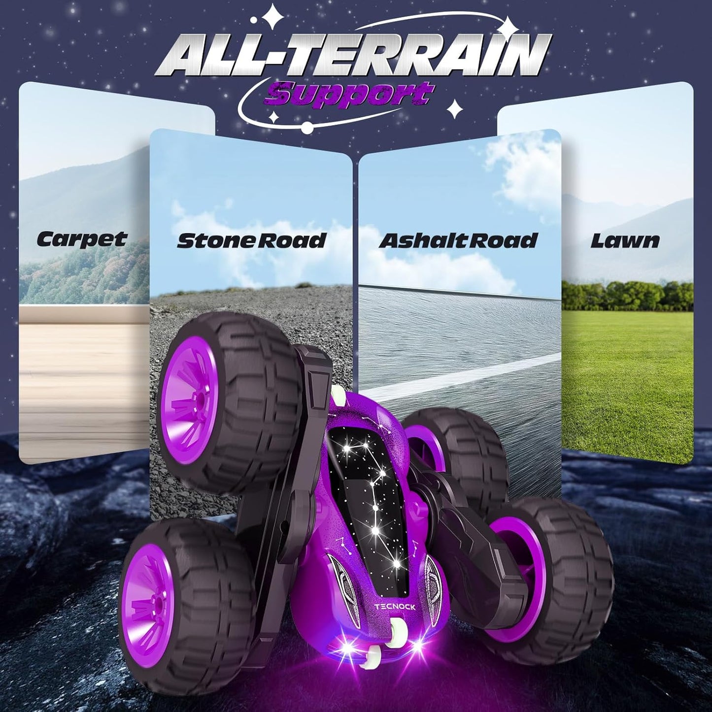 Tecnock Remote Control Car for Kids, 2.4GHz RC Cars with USB-C Easy Charging, 4WD Double Sided 360° Rotates and Flips RC Stunt Car, Toys Gift for Boys and Girls