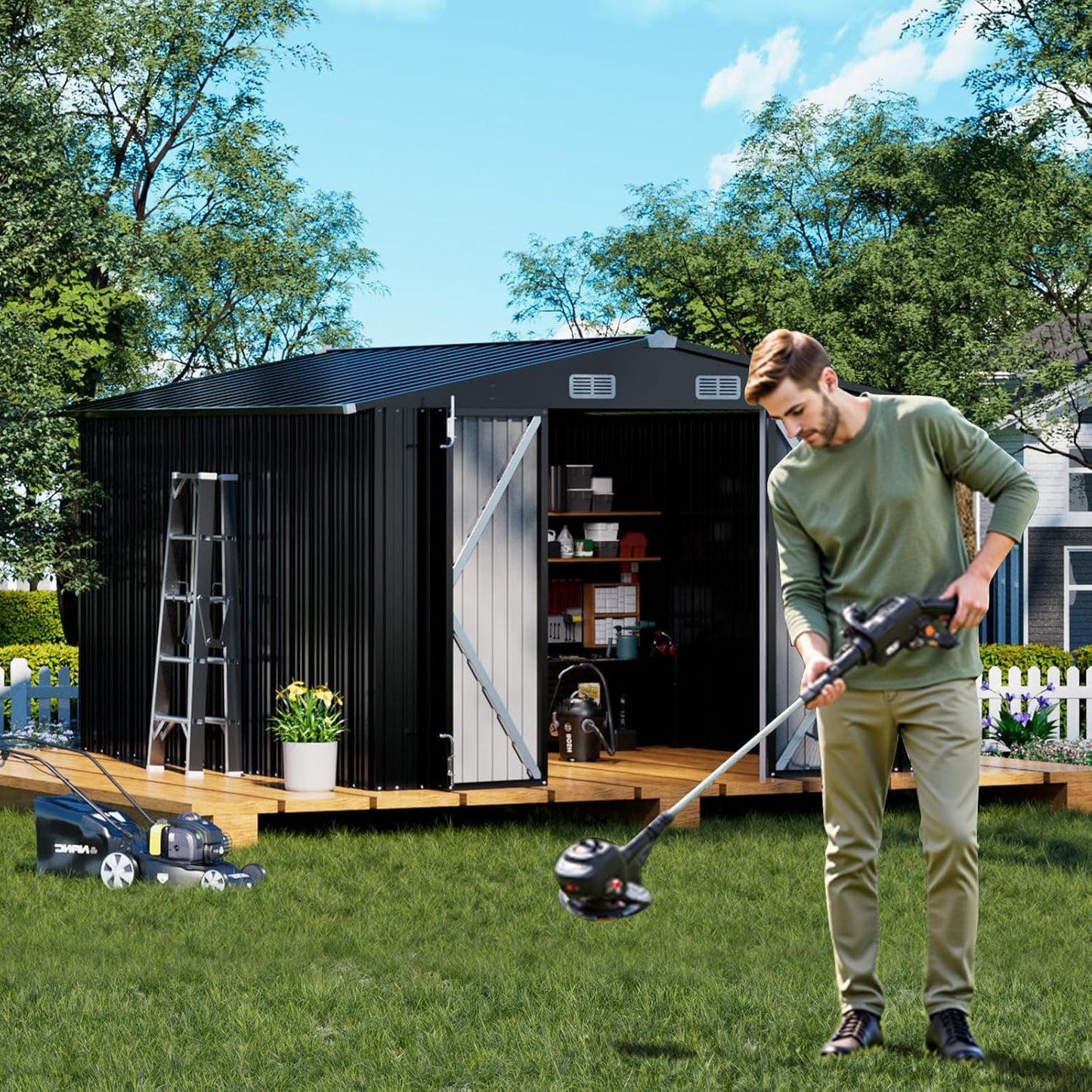 COMHOMA Shed Outdoor Storage Shed Metal,Lockable Doors Tool Sheds with Sloping Roof,Steel Garden Shed with Air Vent for Backyard,Patio,Lawn,Poolside (Grey, 10'*12')