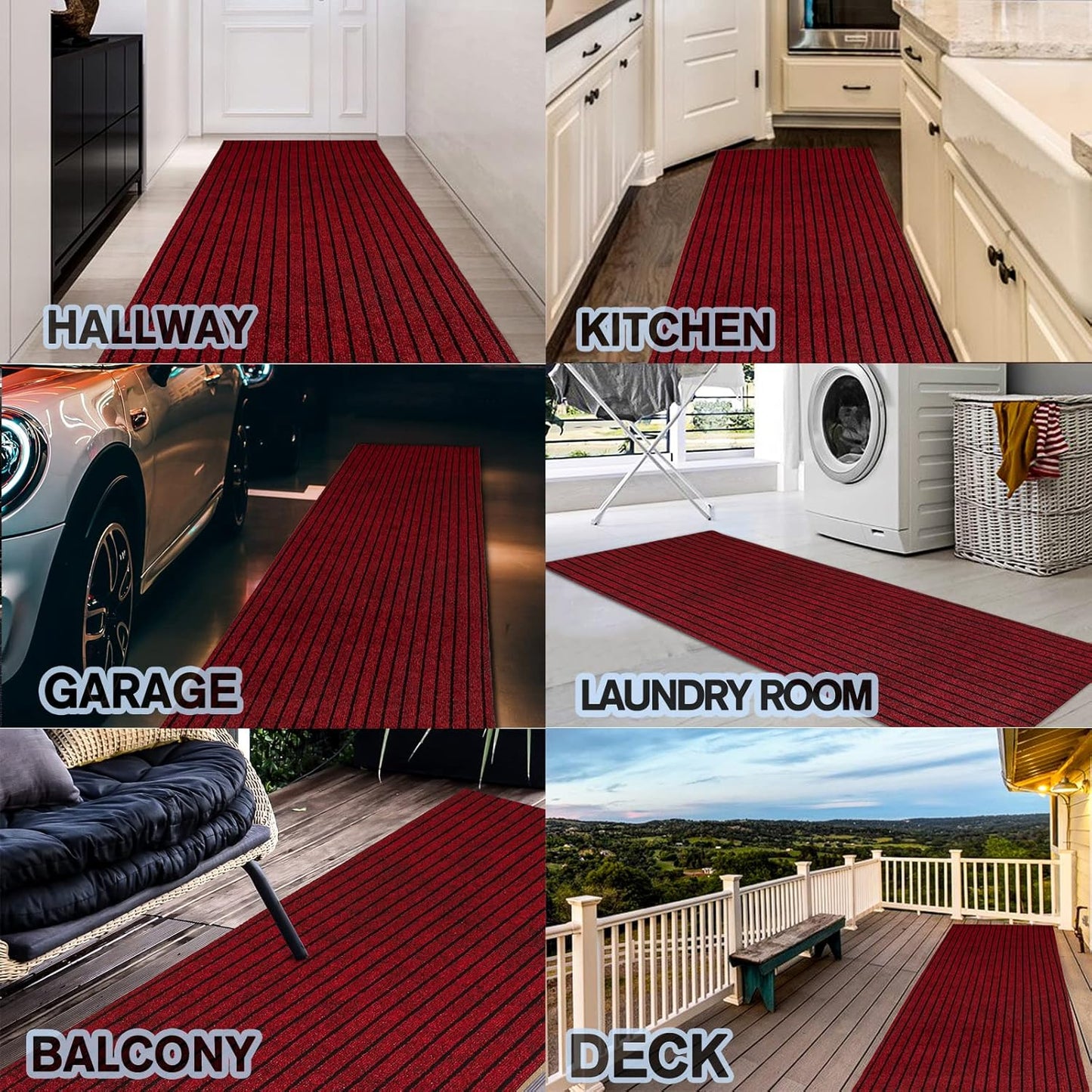 Custom Size Backed Non-Slip Area Rugs Runner, Easy Clean, Waterproof Runner Rugs for Hallway Entryway, Kitchen, Laundry, 2FT x 19FT, Red Stripe