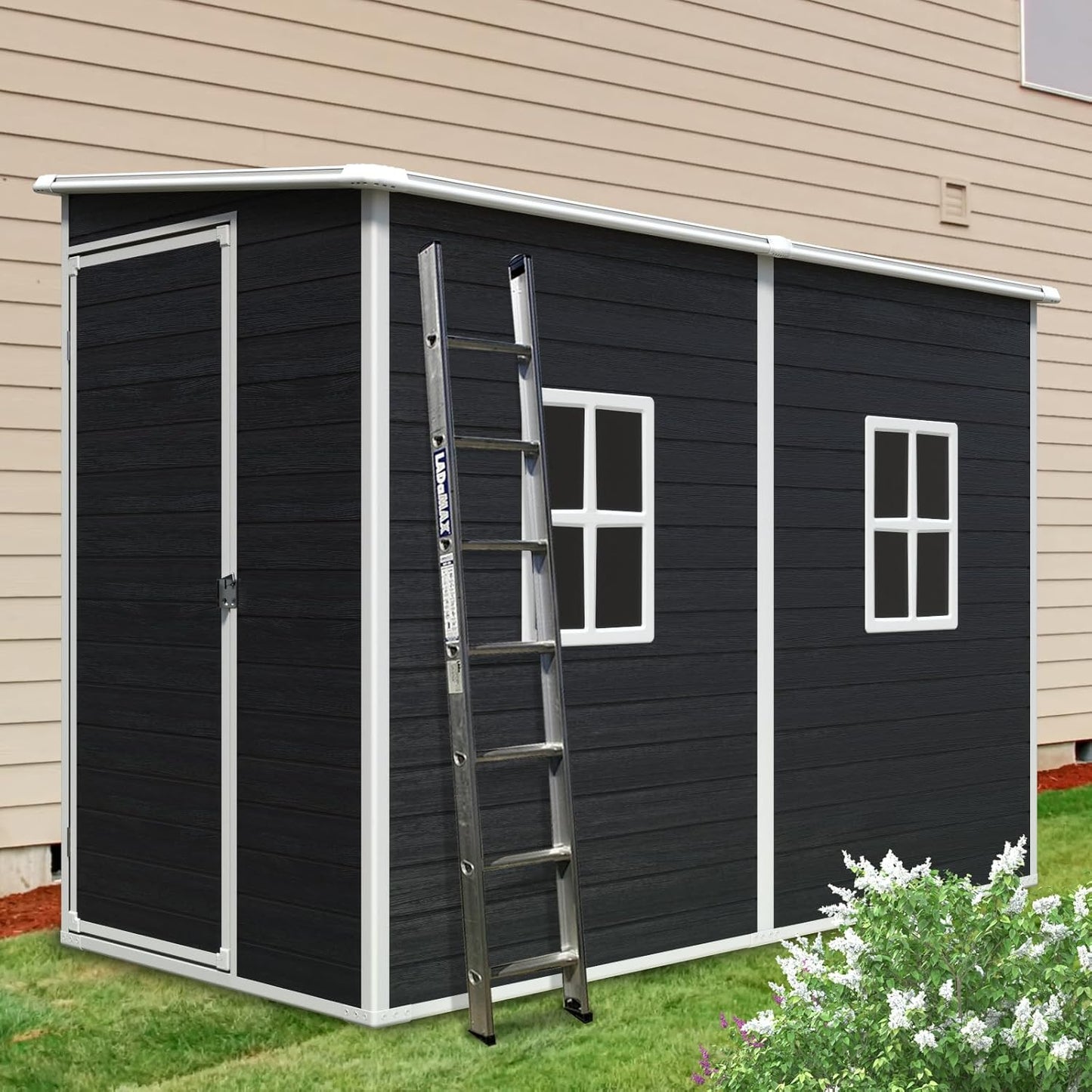 4x8 FT Outdoor Storage Resin Shed with Floor,Waterproof Plastic Garden Bike Shed with Lockable Door, Sloped Roof, Vents & Windows, Easy Assembly Tool Shed for Lawn, Backyard, Patio, Black