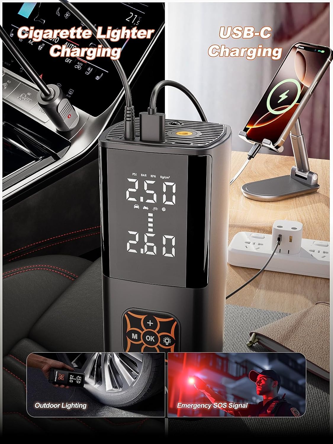HIKARI Tire Inflator Portable Air Compressor-8X Faster, 25,000mAh Battery, 150PSI Cordless Air Pump with Digital Pressure Gauge for Car, Bike, Motorcycle, Balls