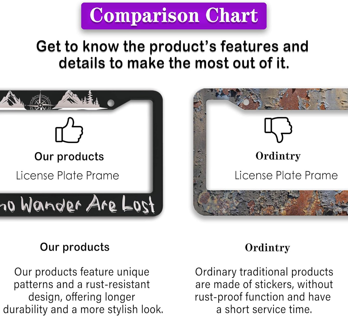 Metal License Plate Frame Black and White License Plate Frames Not All Who Wander are Lost Universal Aluminum Car Accessory 2 Pack with Screw Covers Set