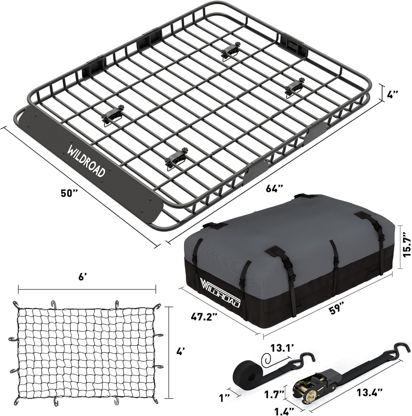 Wildroad Roof Rack Cargo Basket, Upgraded 4” Fence Wide Car Roof Basket Combo, 64"x 50"x 4" Universal Roof Cargo Carrier Basket with Cargo Bag, Cargo Net and Ratchet Straps Fits for SUV Truck Cars