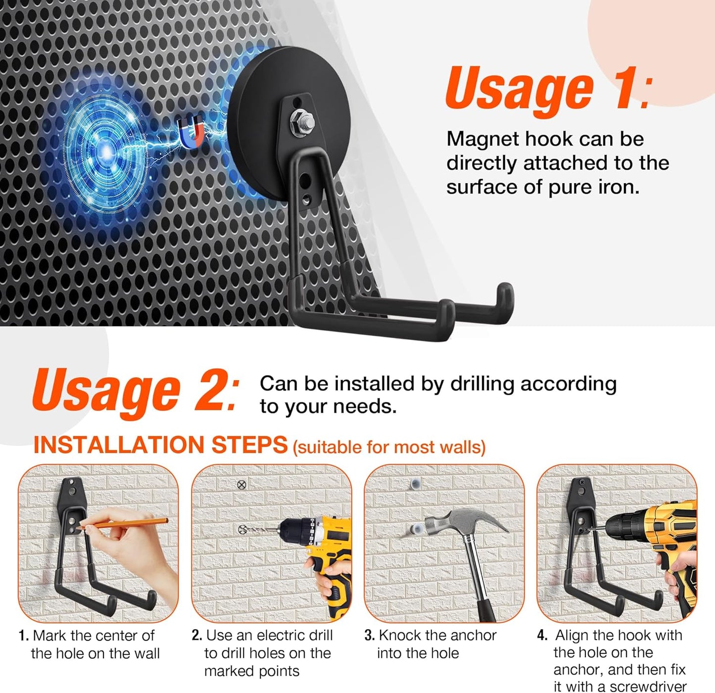 2 Pack Large Strong Magnetic Hooks For Hanging Heavy Duty, 3.5in Neodymium Magnet Storage Utility Hooks Industrial Magnet Hook Steel Long Magnetic Holder Hanger Organizer For Garage Garden Power Tools