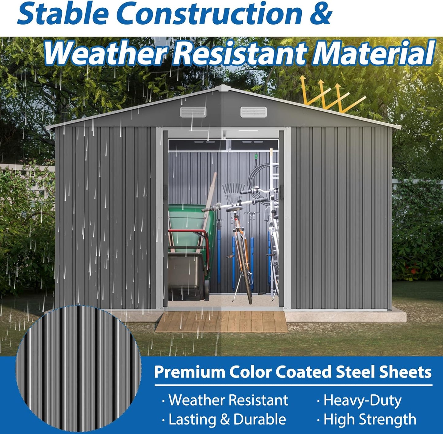 10X8 FT Outdoor Tool Storage Shed with Metal Foundation & Lockable Doors, All Weather Metal Sheds for Garden, Patio, Backyard, Lawn