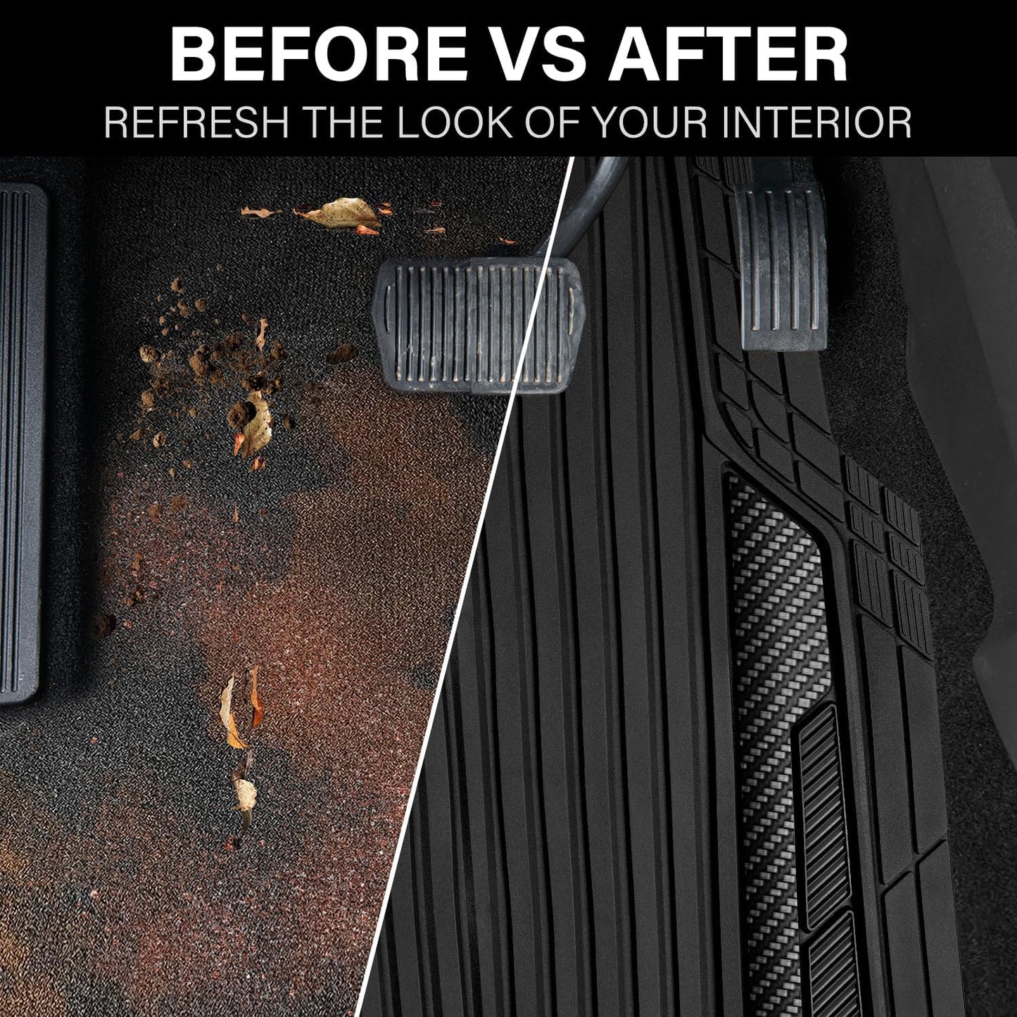 CAR PASS Heavy Duty Rubber Car Mats Metallic,Aluminum Film All Weather Floor Mats Waterproof Universal Trim to Fit SUVs Sedans Vans 4 Piece Anodized Deep Dish Two-Tone Sporty Carbon Fiber Black Chrome