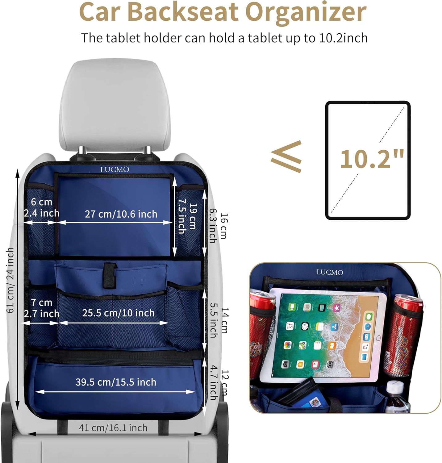 LUCMO Car Backseat Organizer with Touch Screen Tablet Holder-2 Pcs,9 Storage Pockets Car Storage Organizer Protectors Kick Mats Travel Accessories for Kids-Dark Blue