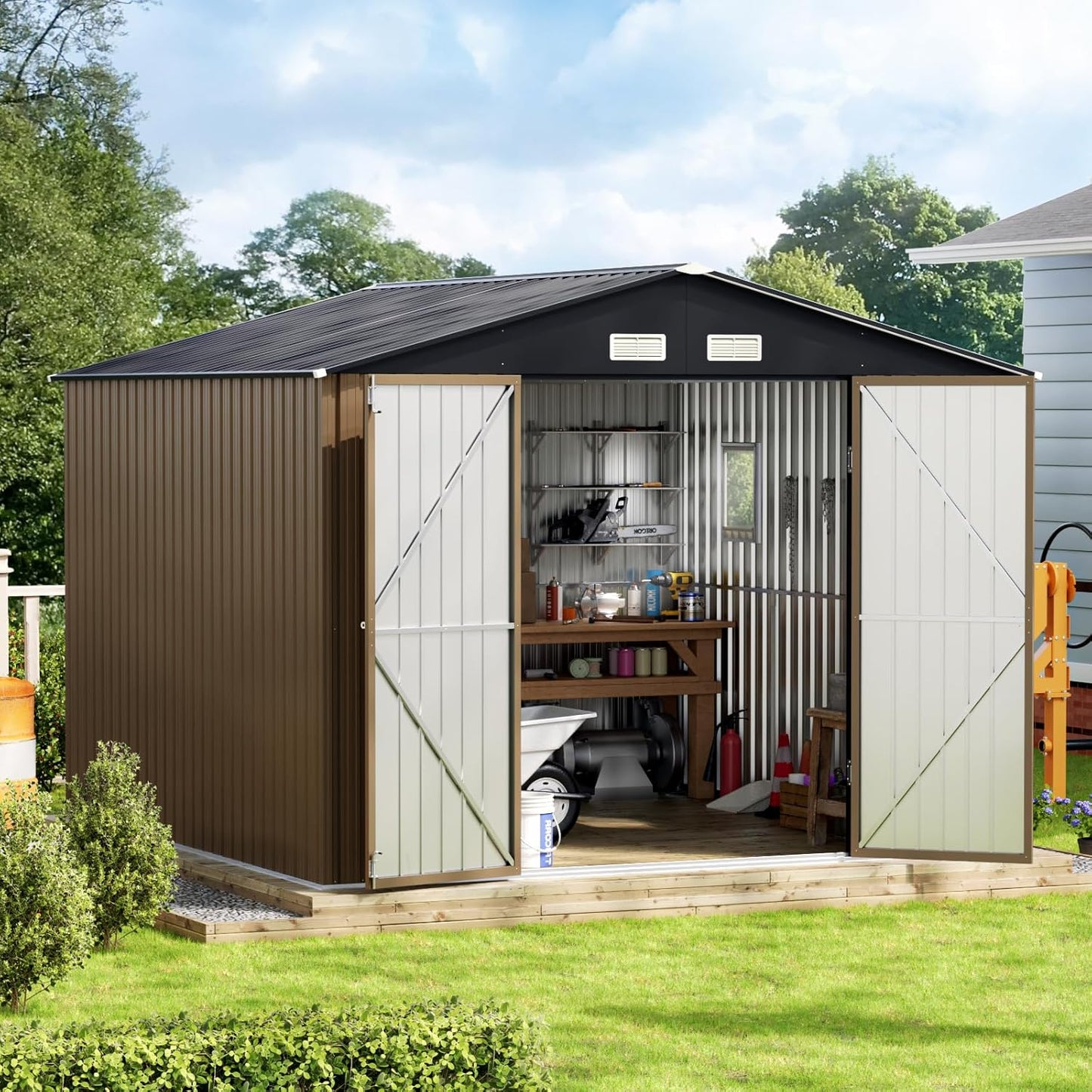 10X10X7.5 FT Outdoor Steel Storage Shed with Lockable Doors, 2 Windows, Frame Floor (No Wood/Other Boards), Ideal for Garden, Backyard, Patio Storage,Brown